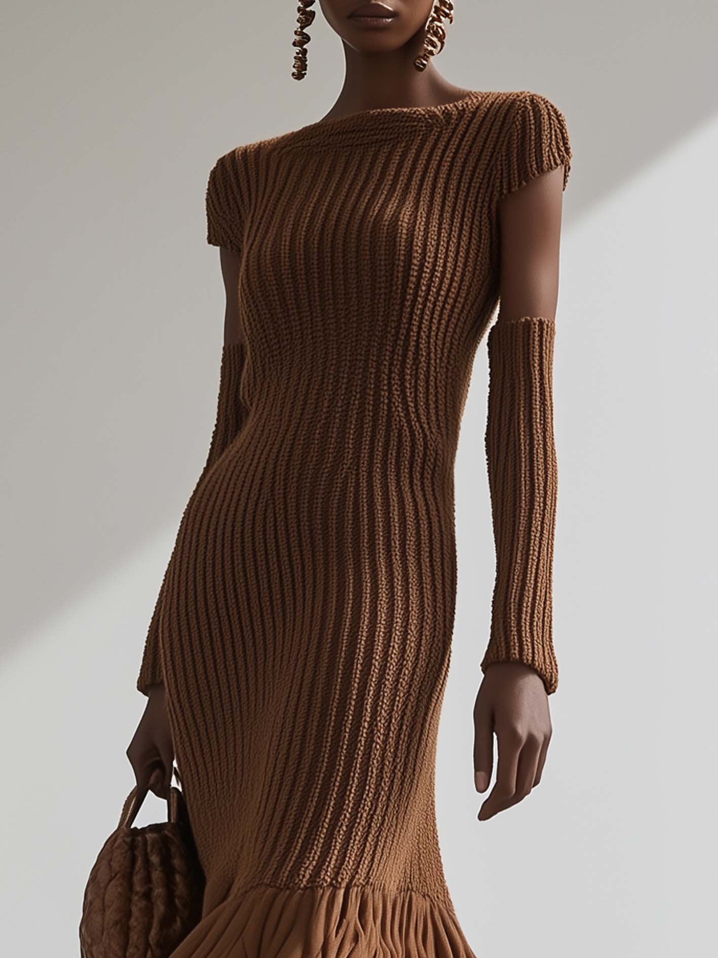 Brown Knitted Maxi Dress With Chiffon Stitching