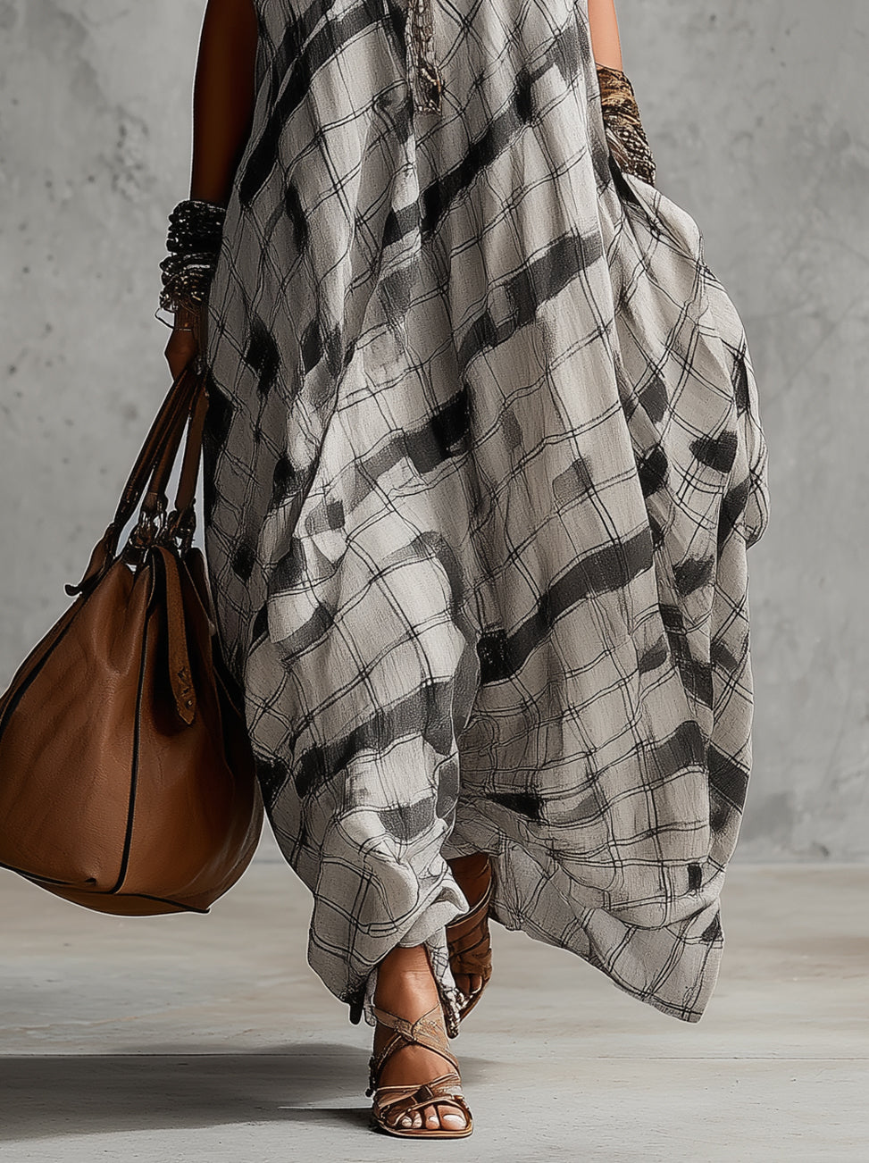 Gray Abstract Plaid Halter Neck Flowy Maxi Dress