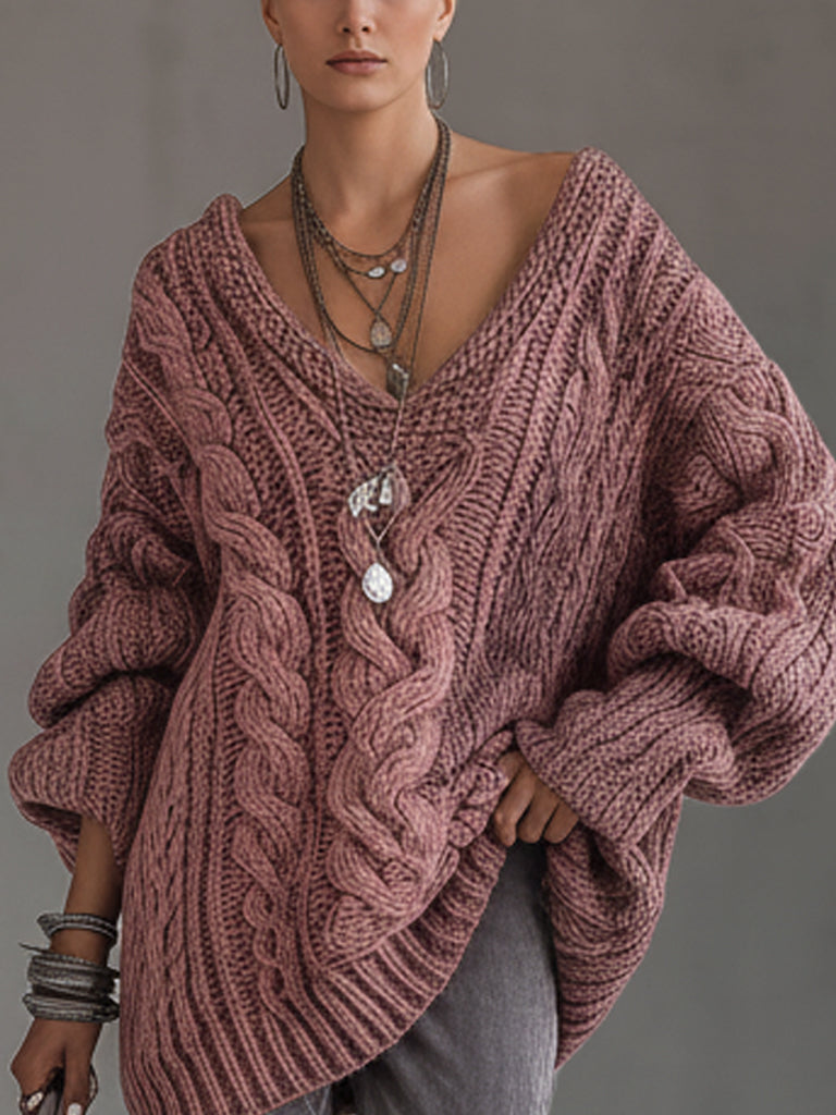 Pink Washed Vintage Cable Knit Oversized V-Neck Sweater