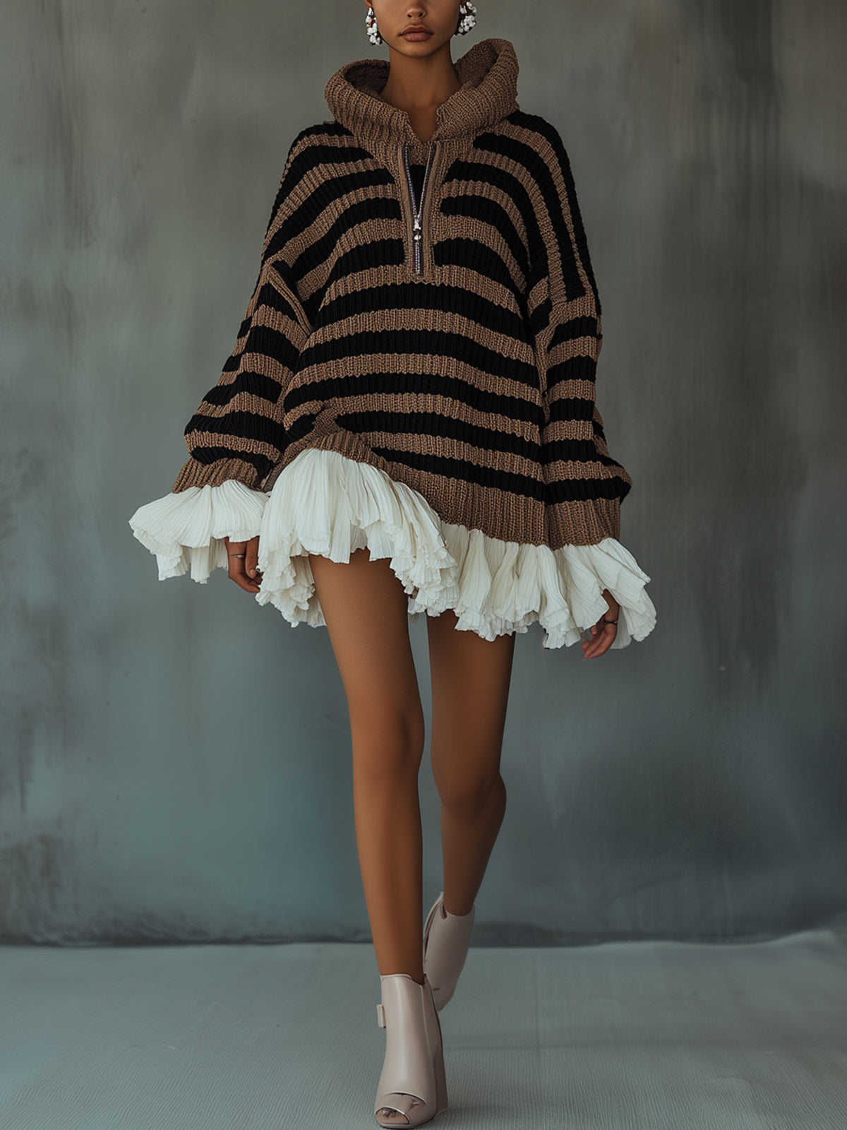 Striped Knit Ruffle Hem Hoodie Dress