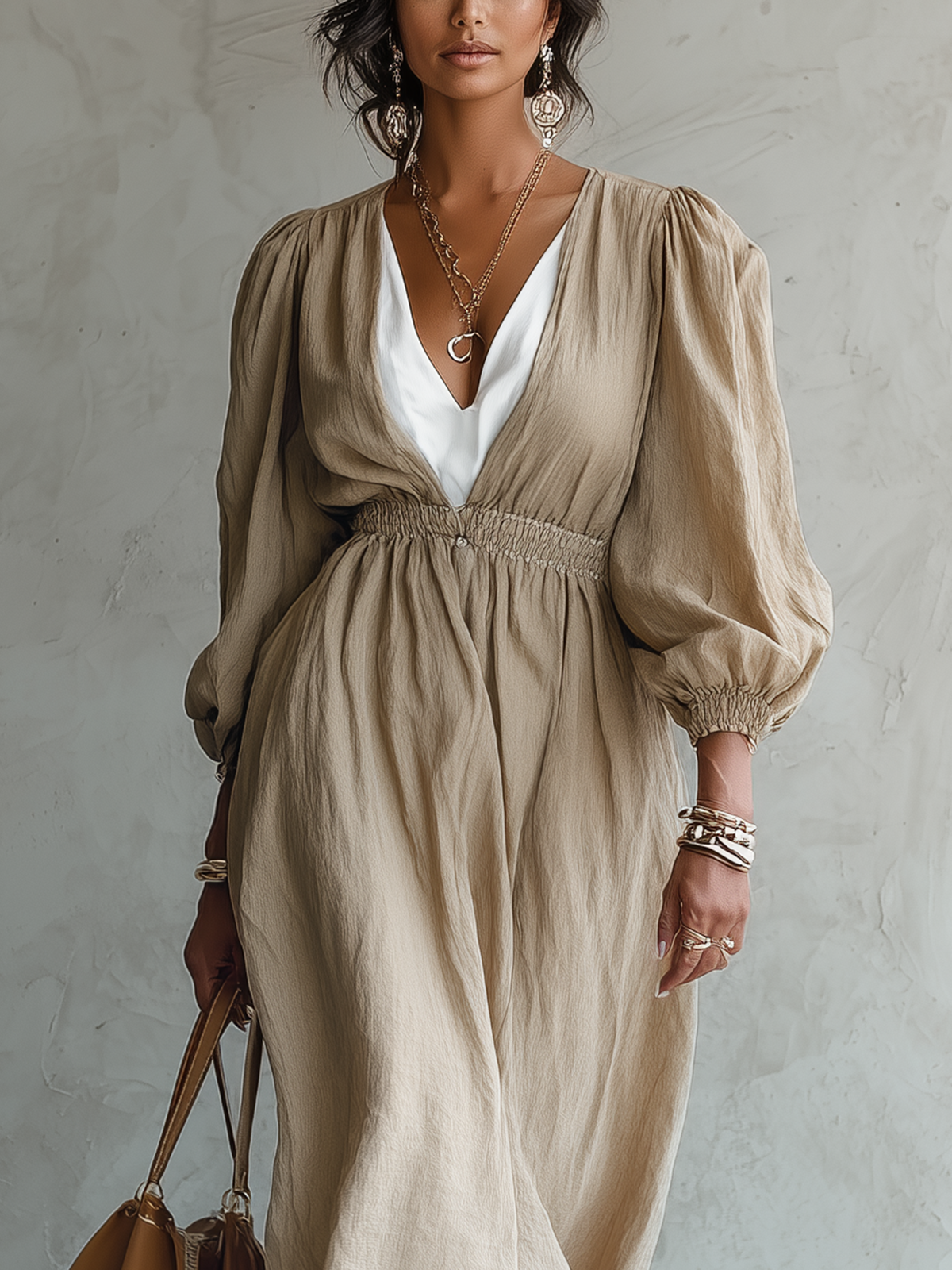 Beige V-Neck Long-Sleeve Smocked Waist Maxi Dress