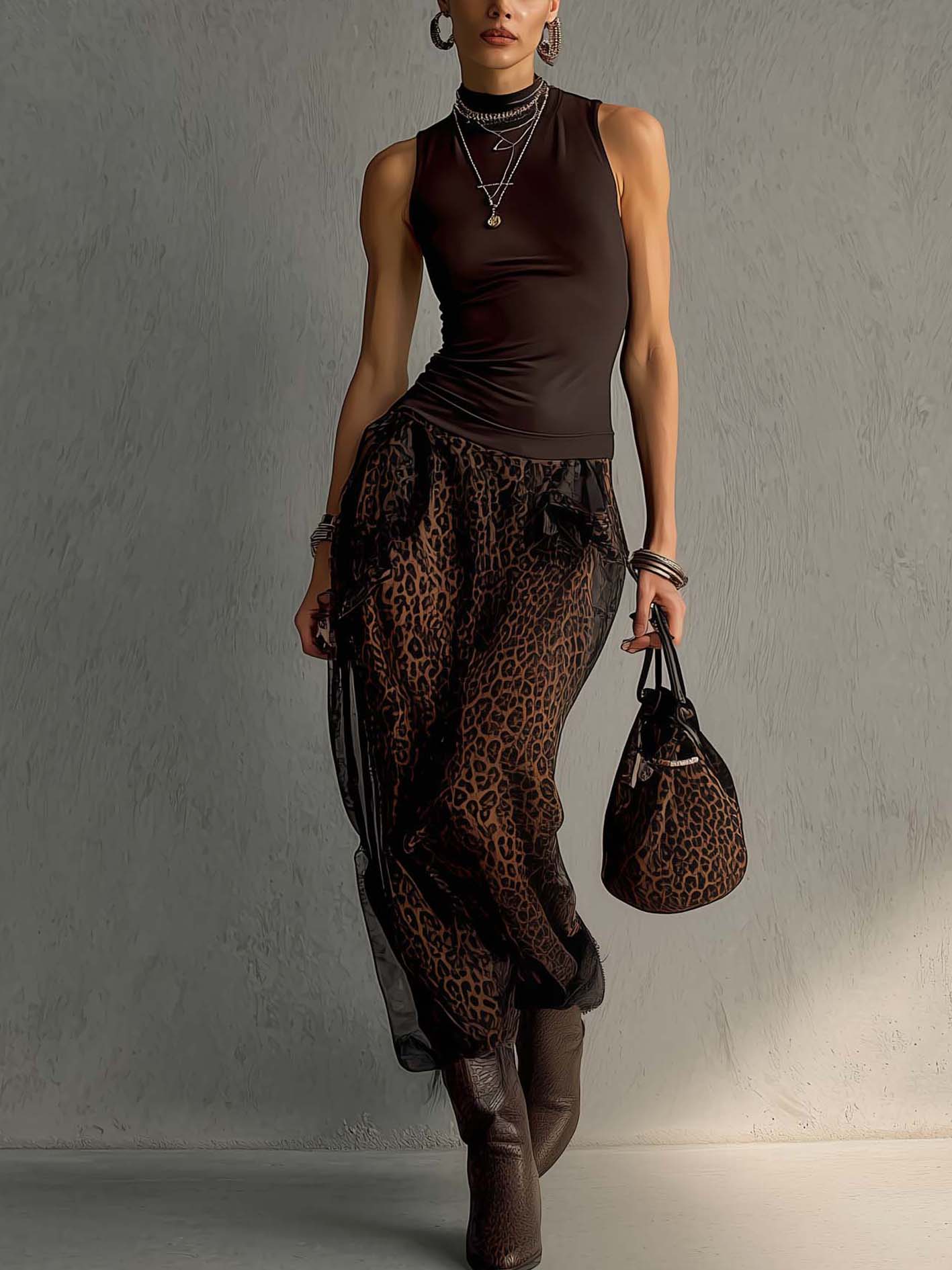 Brown Leopard Patchwork Black Chiffon Sleeveless Maxi Dress