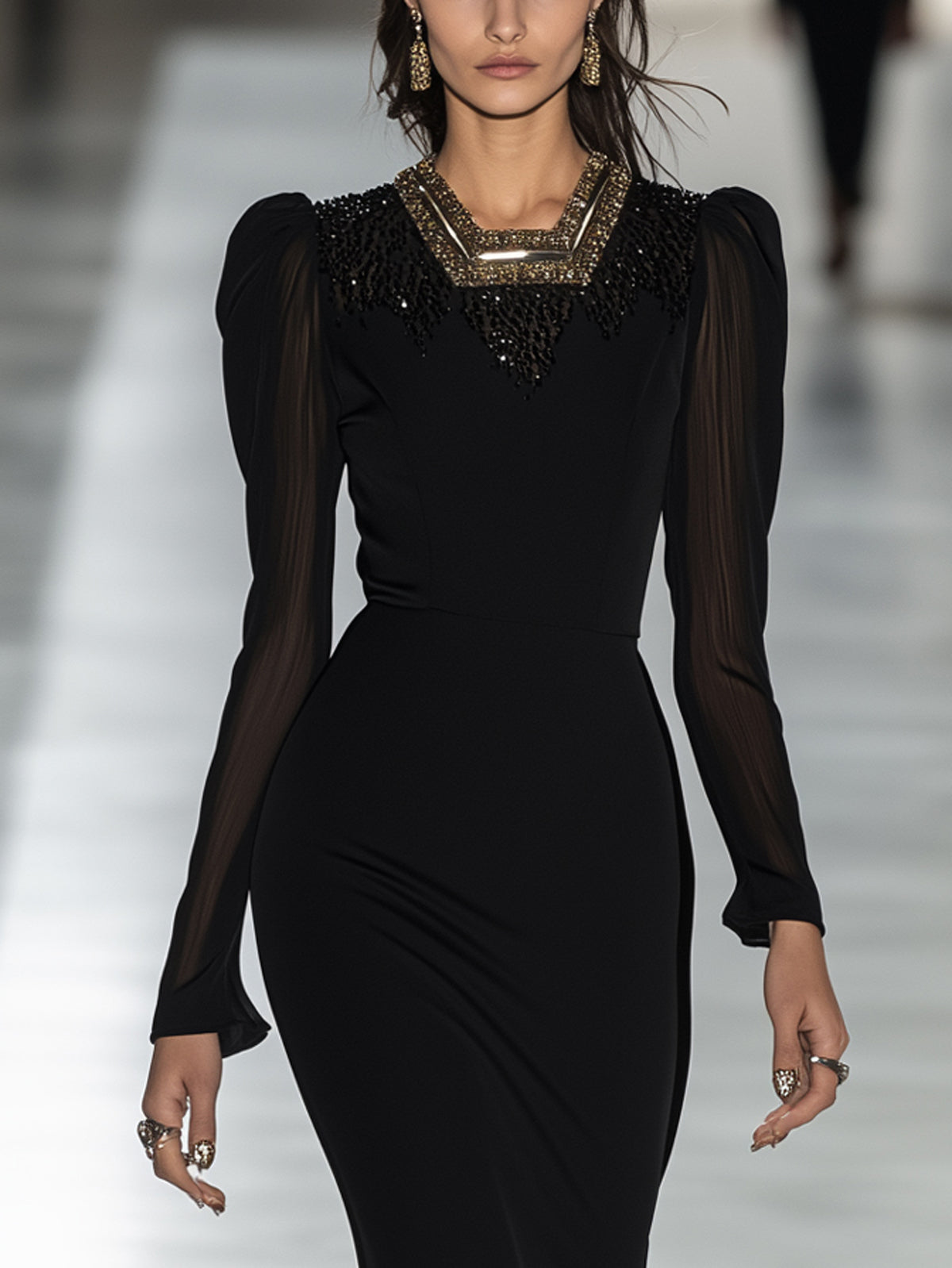 Black Woven Embellished Neckline Sheer Sleeves High Neck Maxi Dress