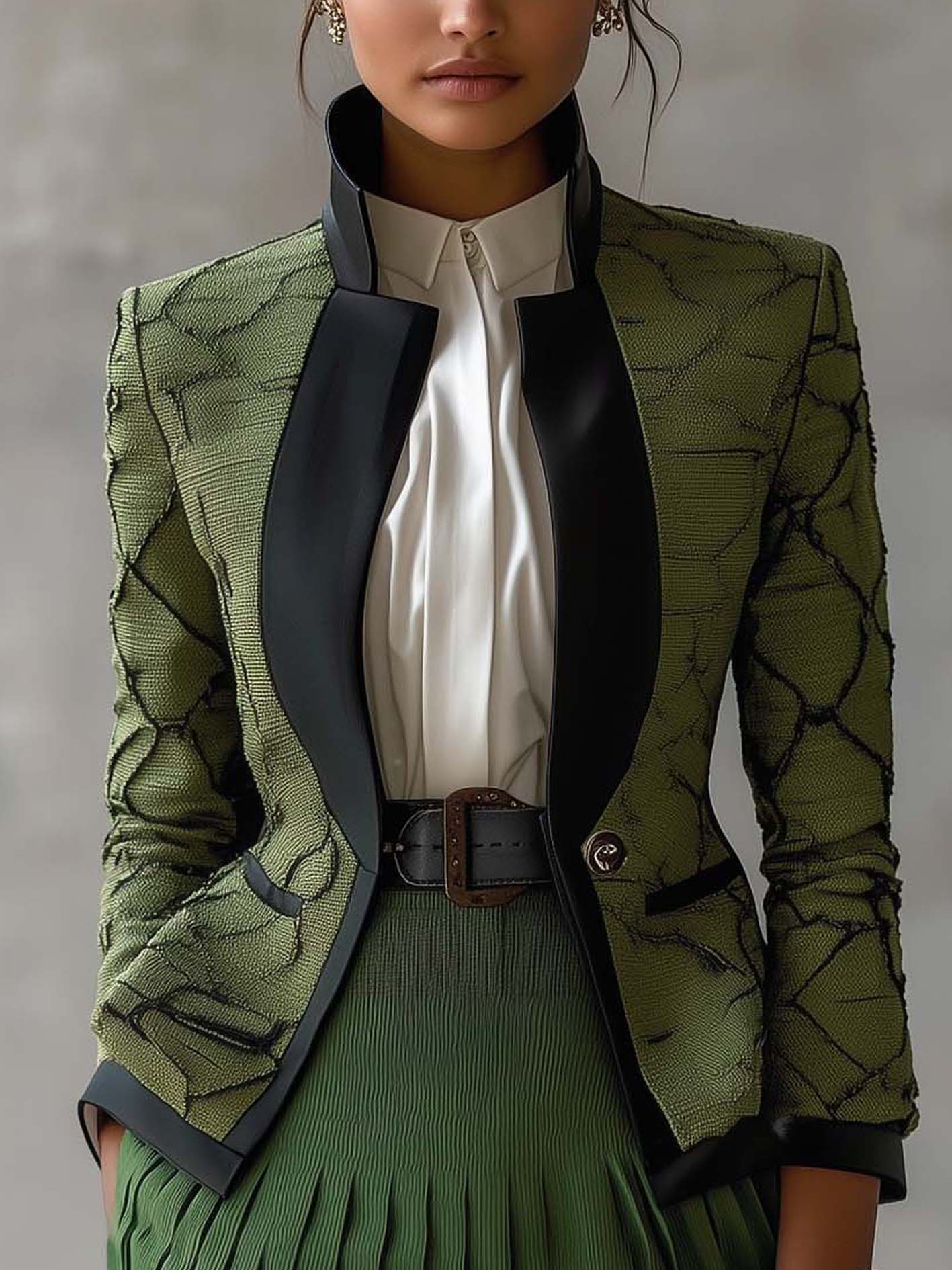 Green Jacket With Retro Pattern And Black Trim