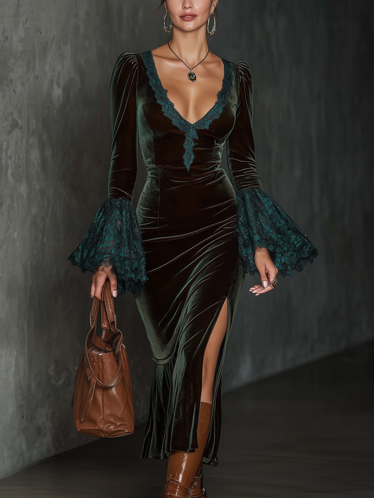 Emerald Velvet Lace Trimmed V-Neck Slit Long Sleeve Bodycon Dress