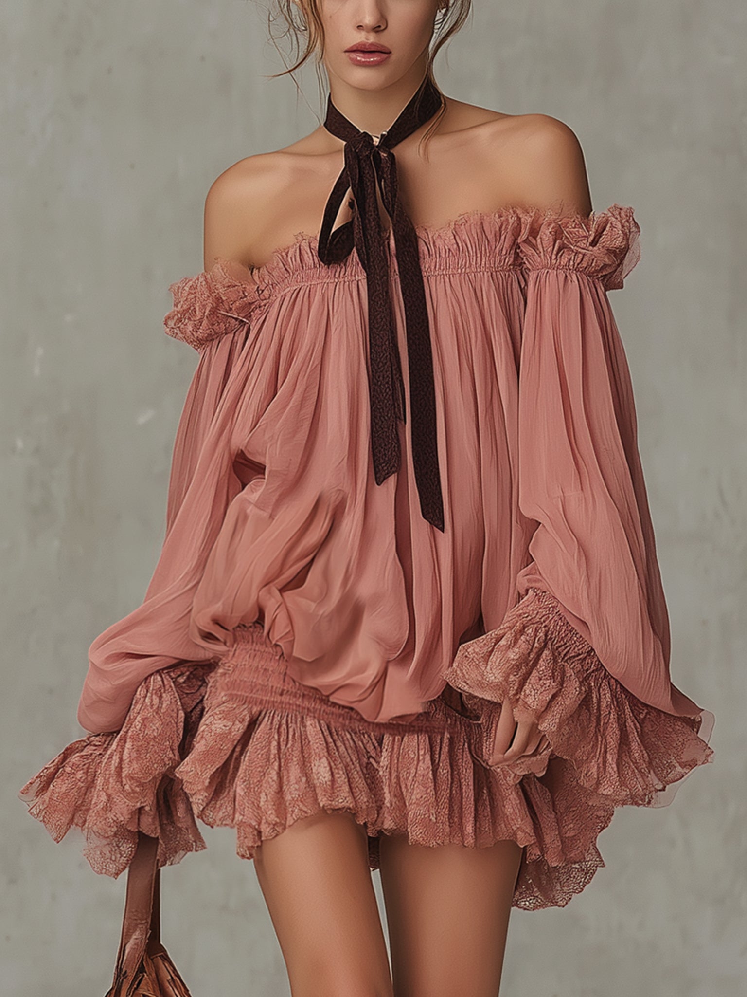 Pink Off Shoulder Chiffon And Lace Mini Dress