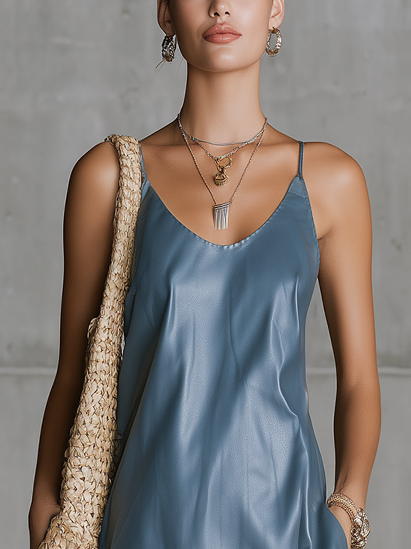 Blue Faux Leather Fringe‑Hem Slip Dress