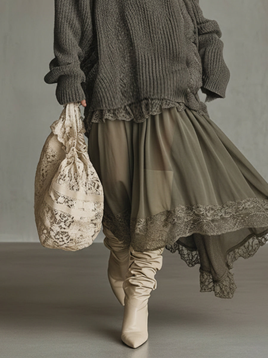 Gray Deep V-Neck Loose Knit Chiffon Hem Maxi Dress