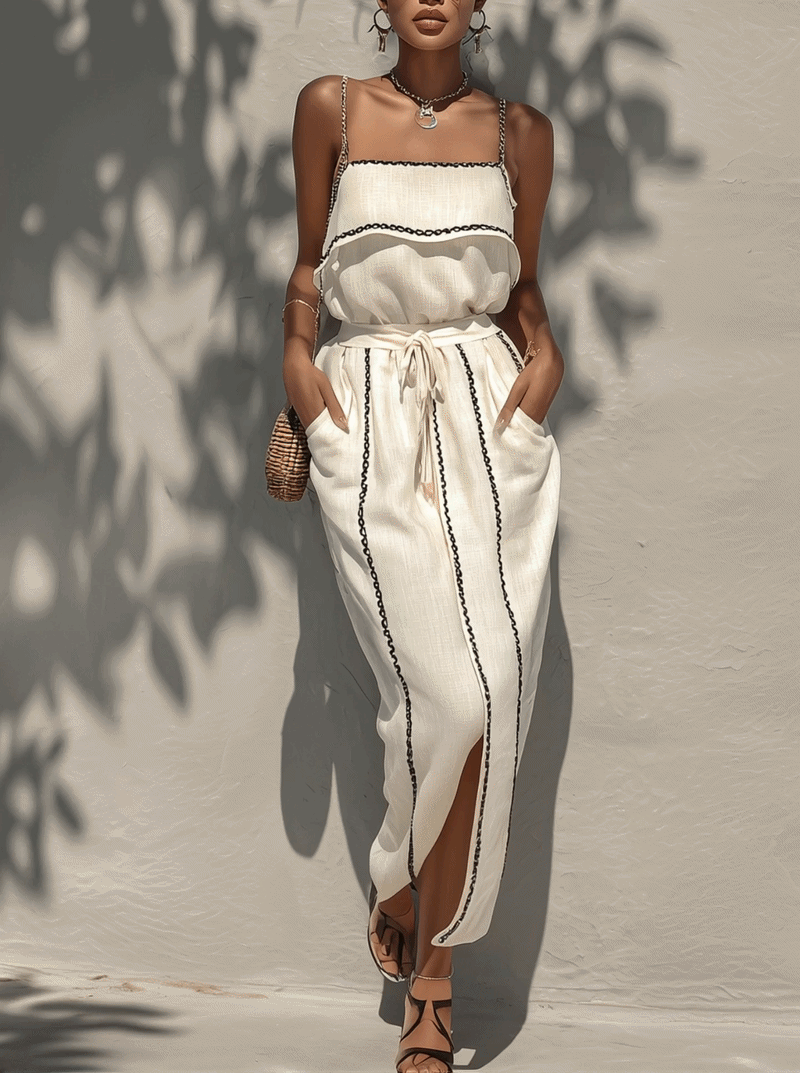 White Cotton Linen Two-Piece Set With Black Trim