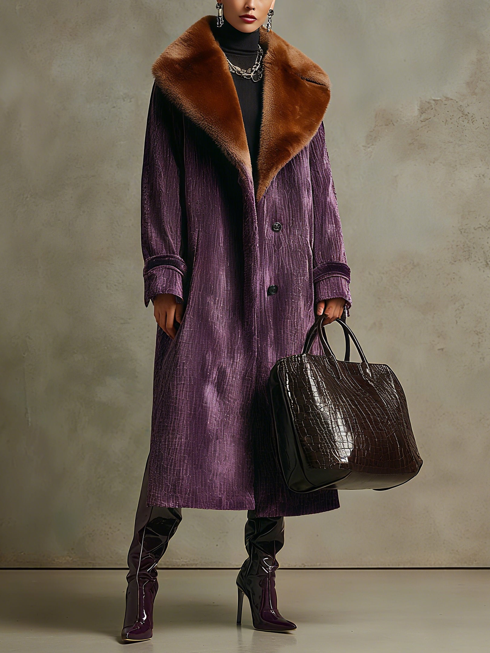 Purple Velvet Long Coat With Eco Friendly Faux Fur Collar