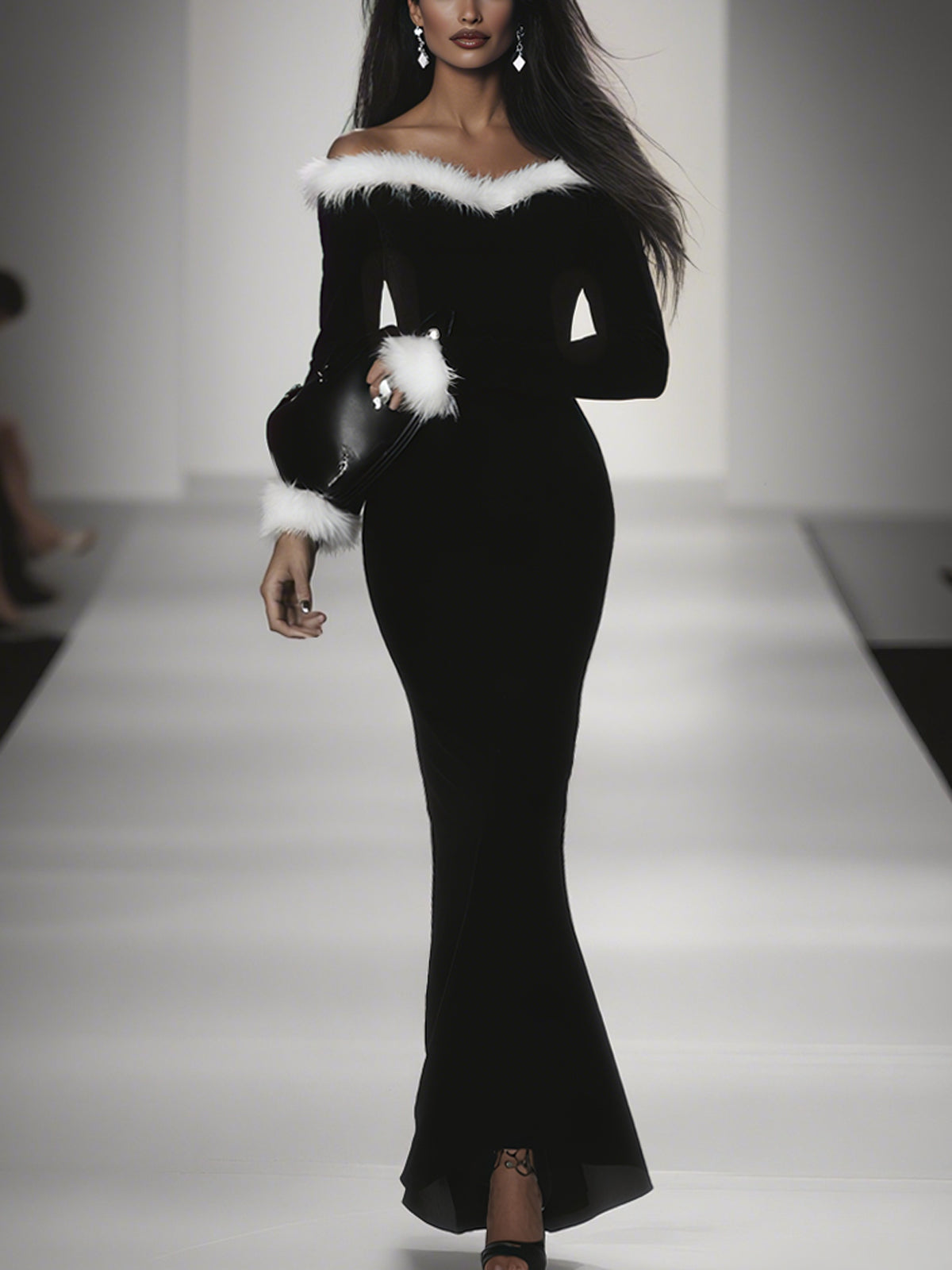 Black Velvet Solid Contrast Faux Fur Trim Off Shoulder Long Sleeve Maxi Dress