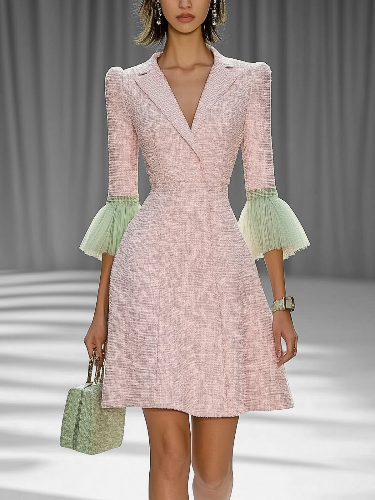 Pink Tweed Dress With Green Tulle Bell Sleeves