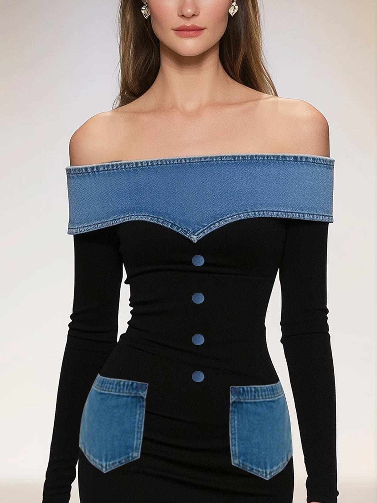 Black Off Shoulder Dress With Denim Accents