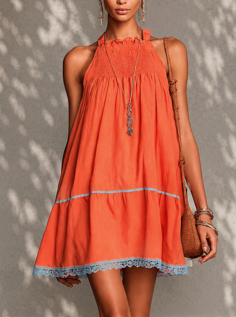 Orange Patchwork Lace Trim Sleeveless Cotton Linen Mini Dress