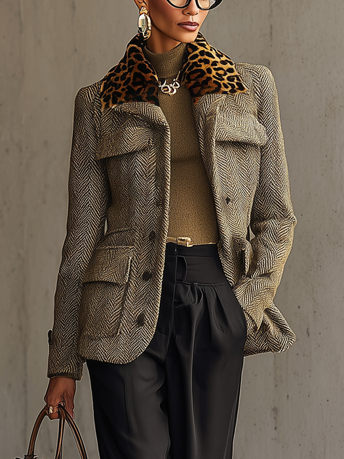 Brown Herringbone Jacket With Vintage Leopard Collar