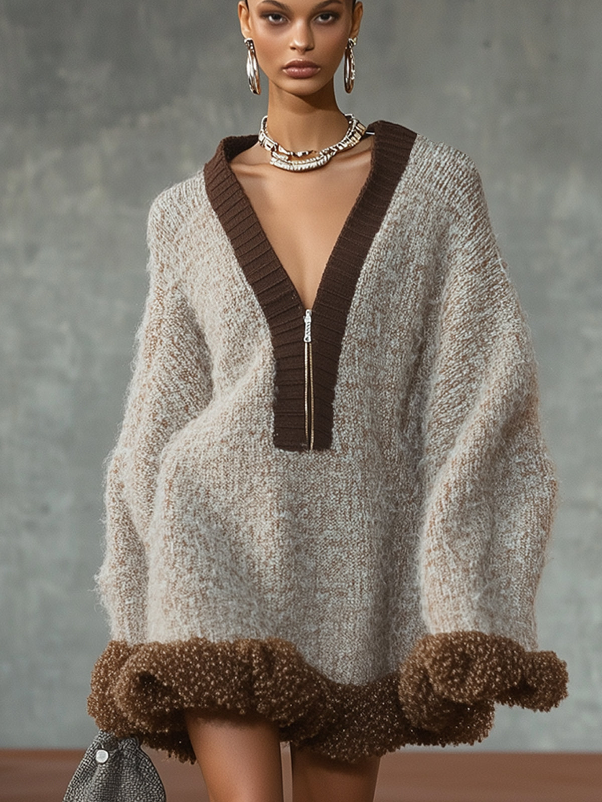 Mocha Zip Neck Plush Knit Mini Dress