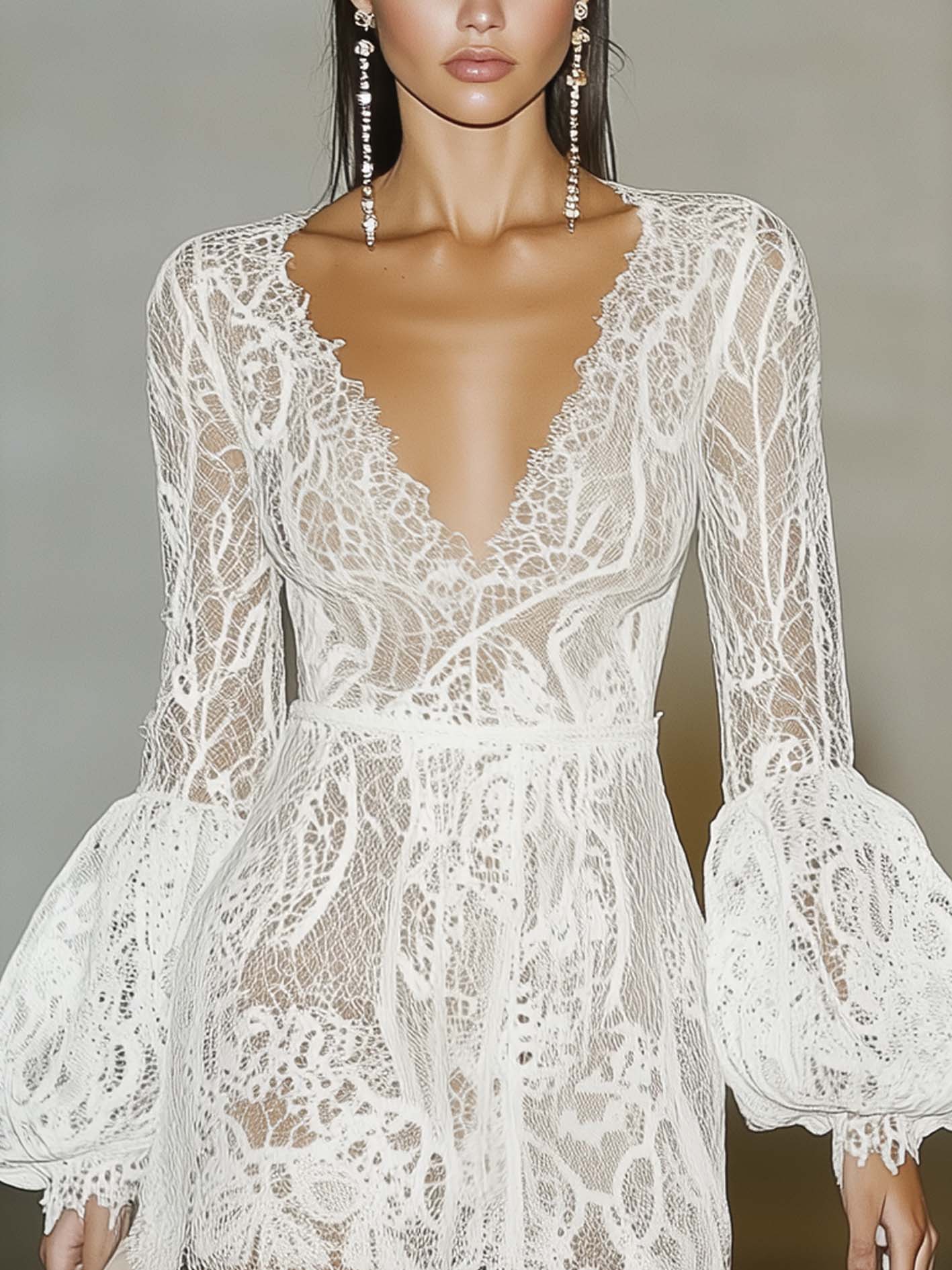 White Lace Mini Dress With Balloon Sleeves