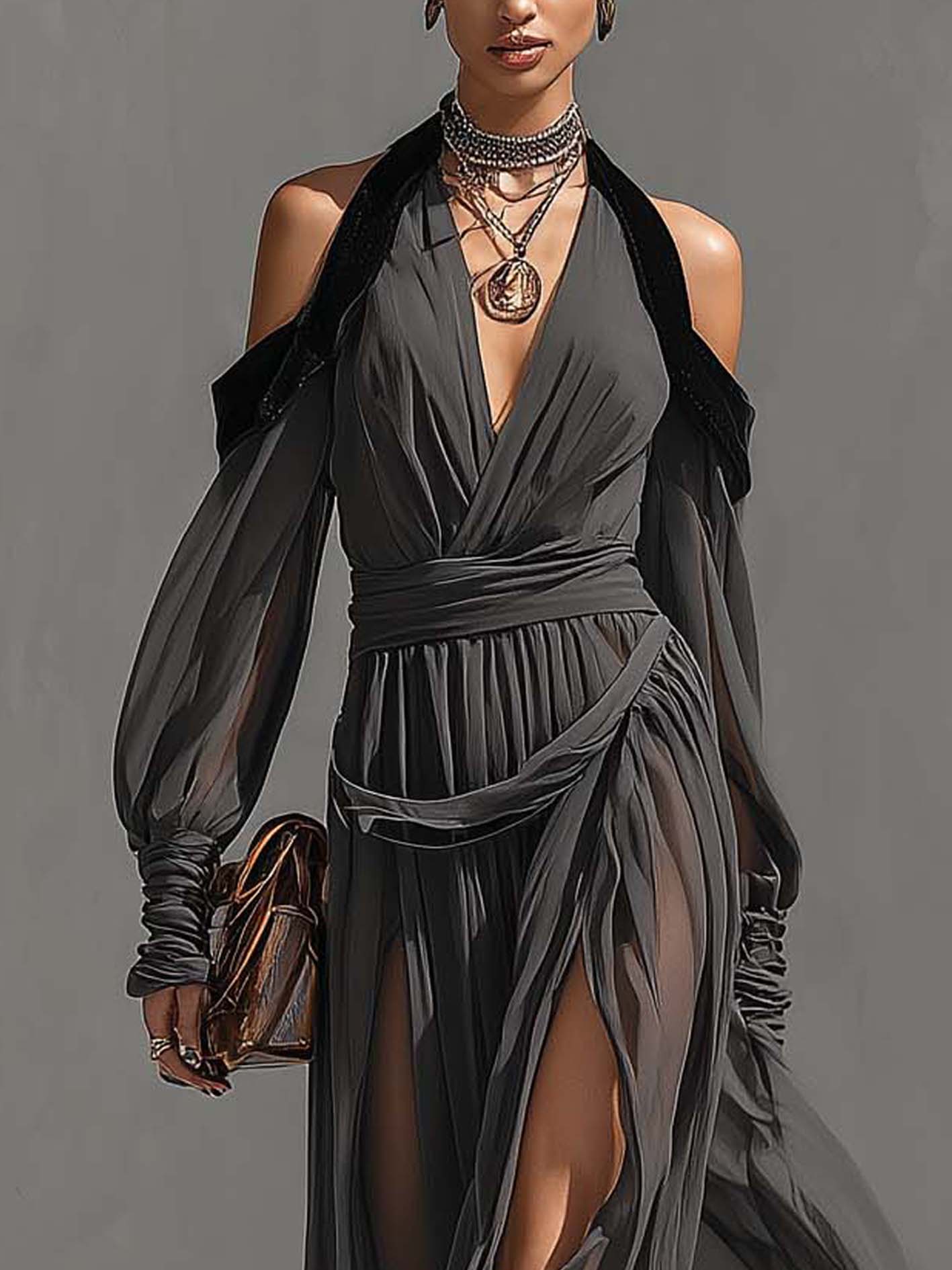 Gray Chiffon Cold Shoulder Pleated Patchwork Maxi Dress