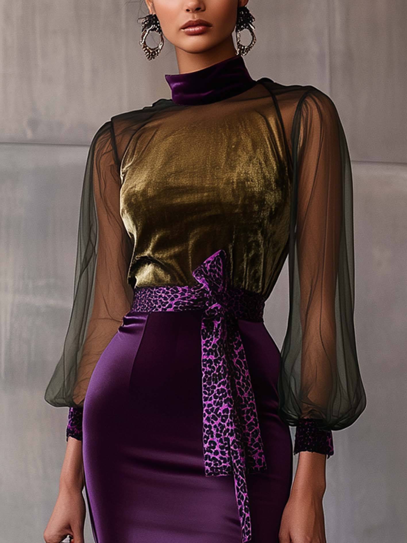 Purple Velvet Bodycon Dress With Green And Mesh Stitching