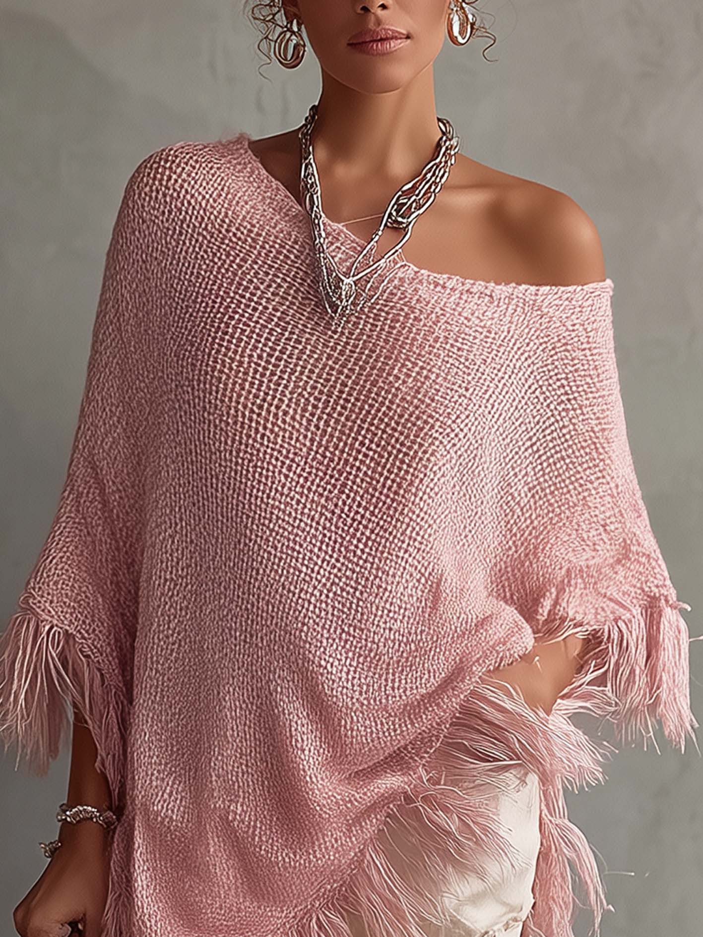 Pink One Shoulder Fringe Trim Lightweight Sweater Top