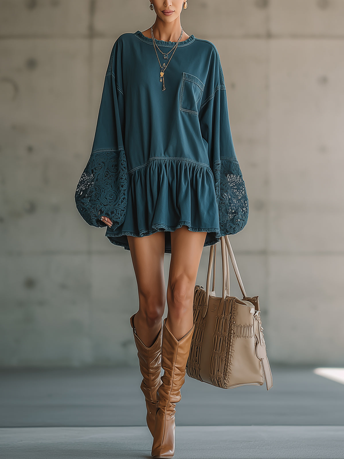 Blue Denim Lace Lantern Sleeve Ruffle Hem Mini Dress