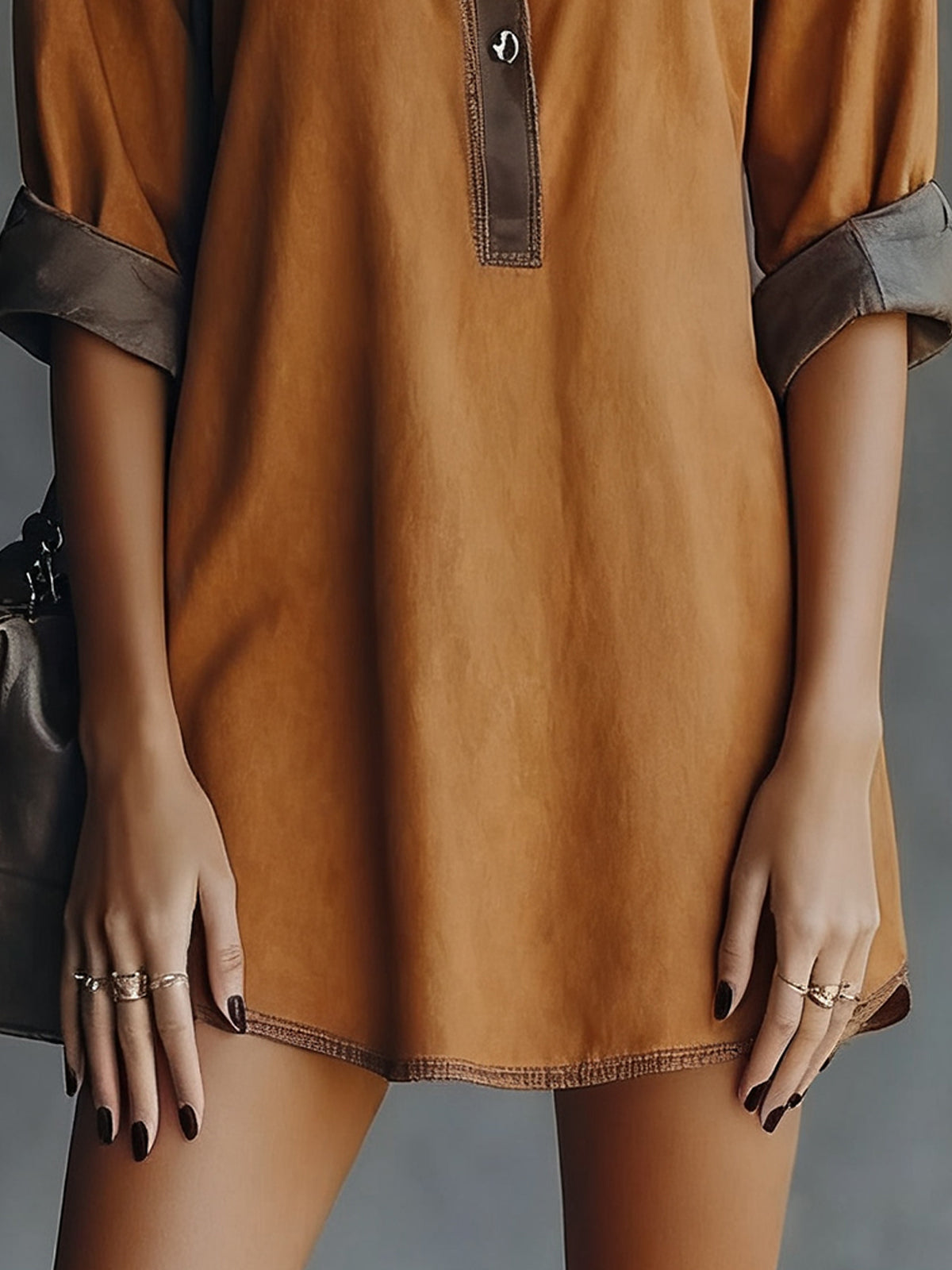 Caramel Faux Suede Button-Up Mini Dress With Contrasting Trim