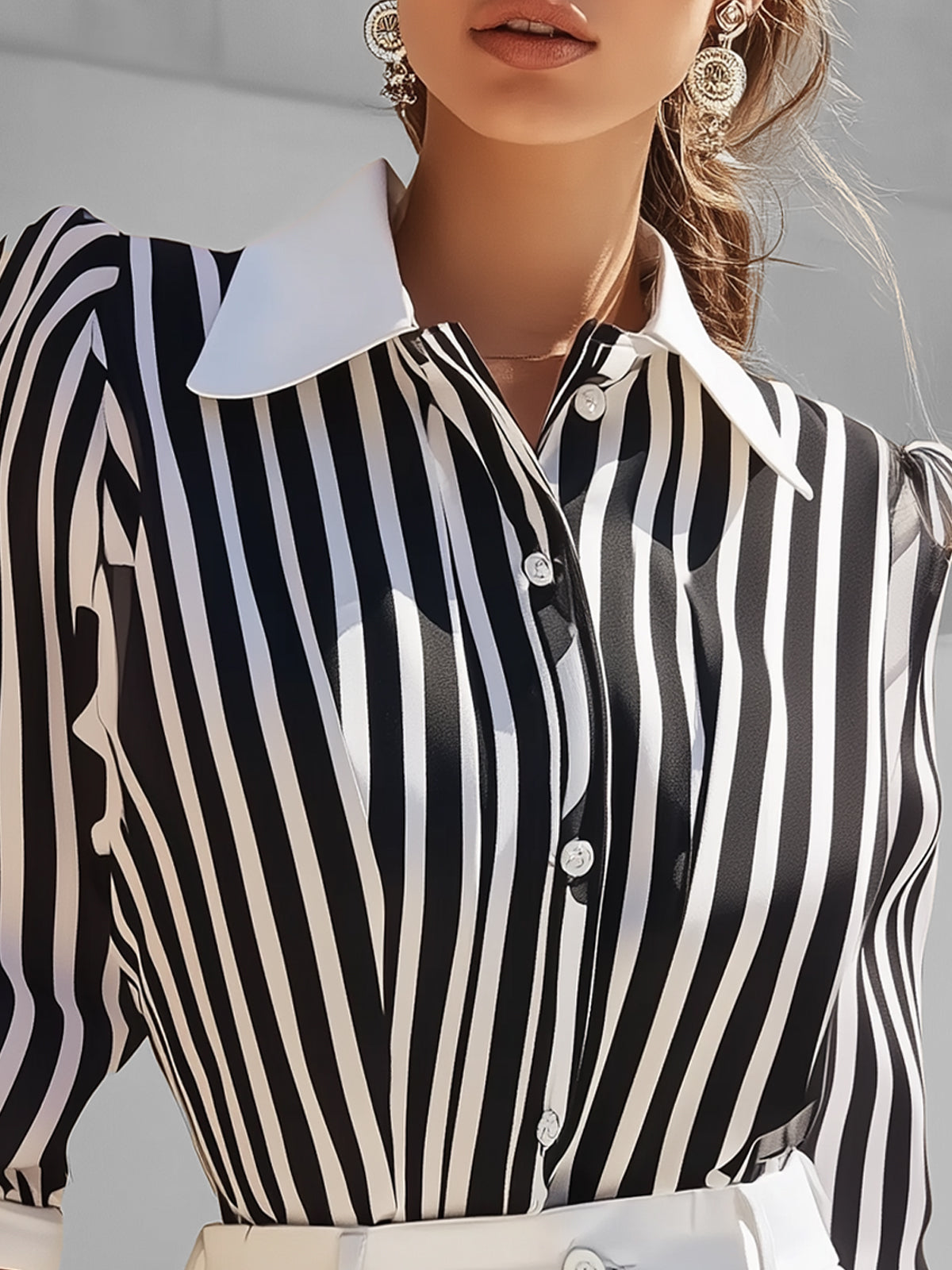 Black And White Striped Blouse With Contrasting Collar And Cuffs