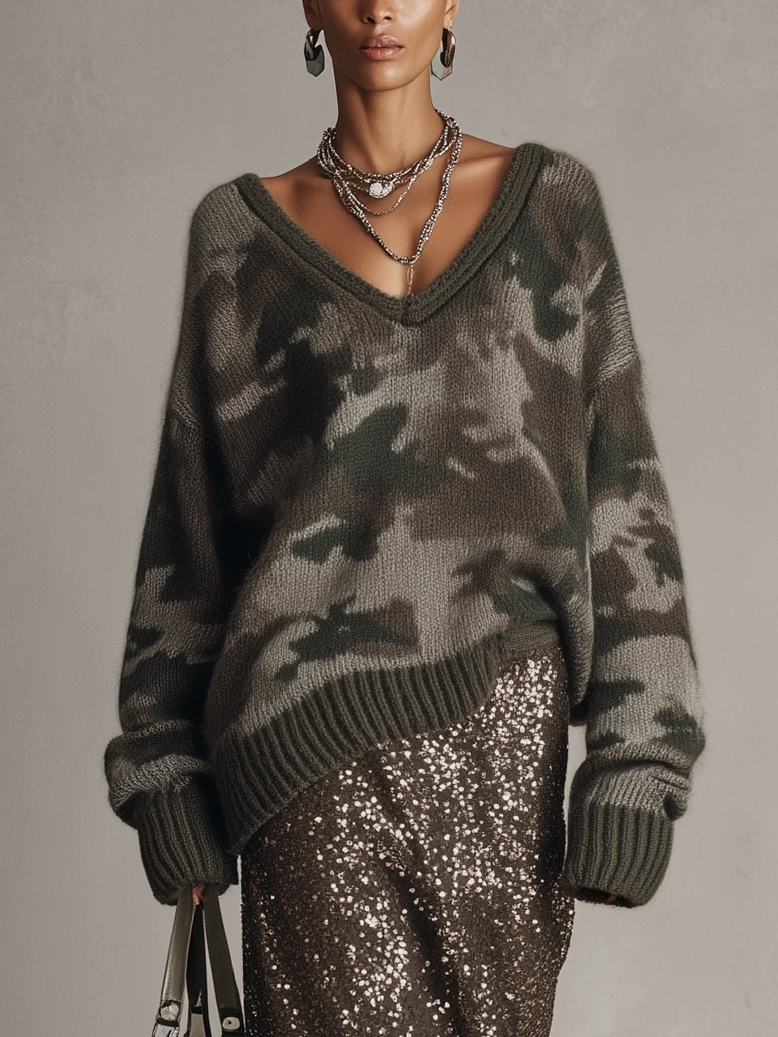 Green Knit V-Neck Camo Long Sleeve Sweater