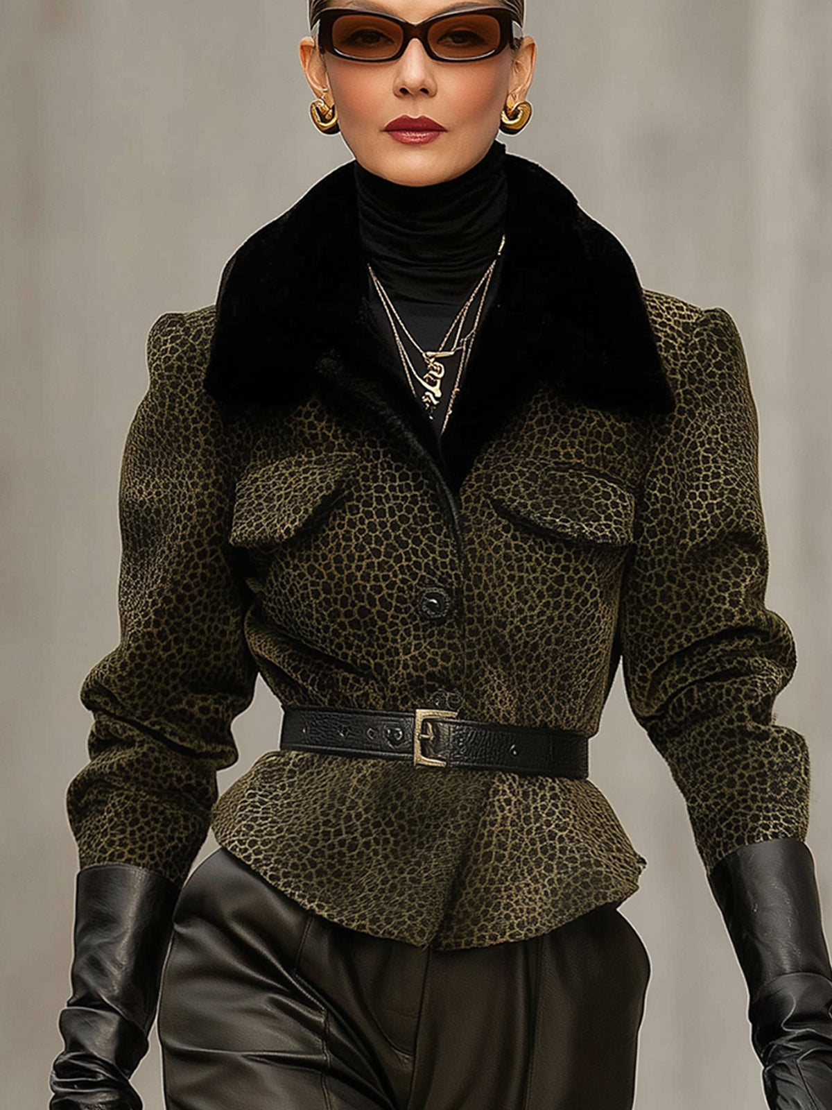 Dark Green Leopard Print Wool Blend Velvet Collar Belted Jacket