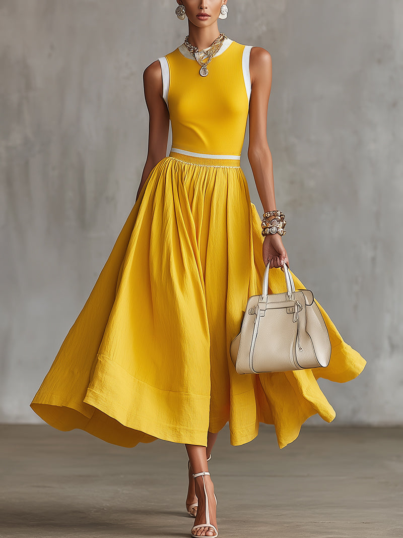 Yellow Sleeveless Contrast-Trim Maxi Dress With Flared Skirt