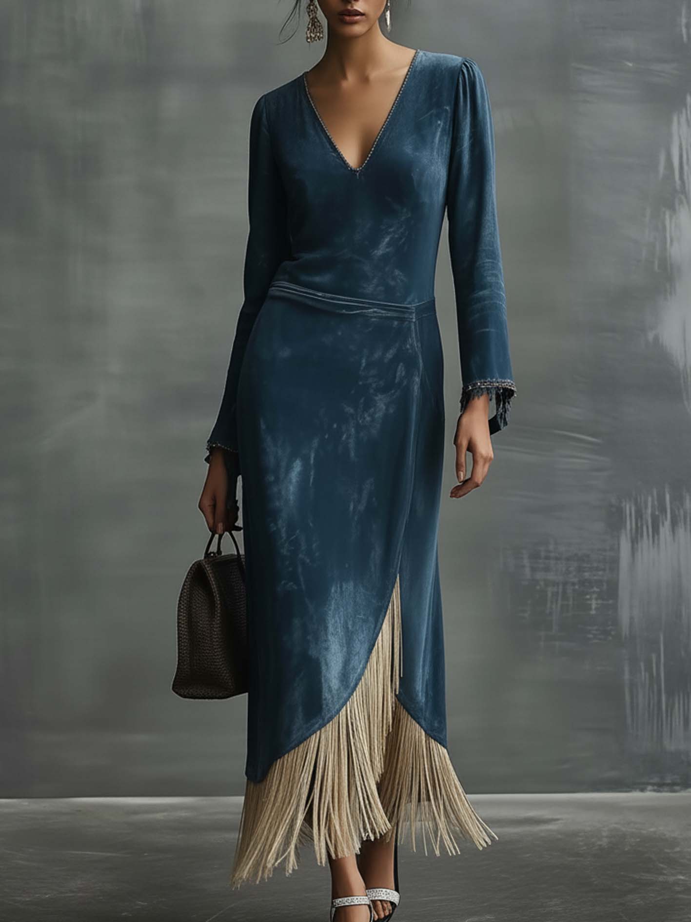 Retro Blue Faux Suede Maxi Dress With Side Slits And Tassels