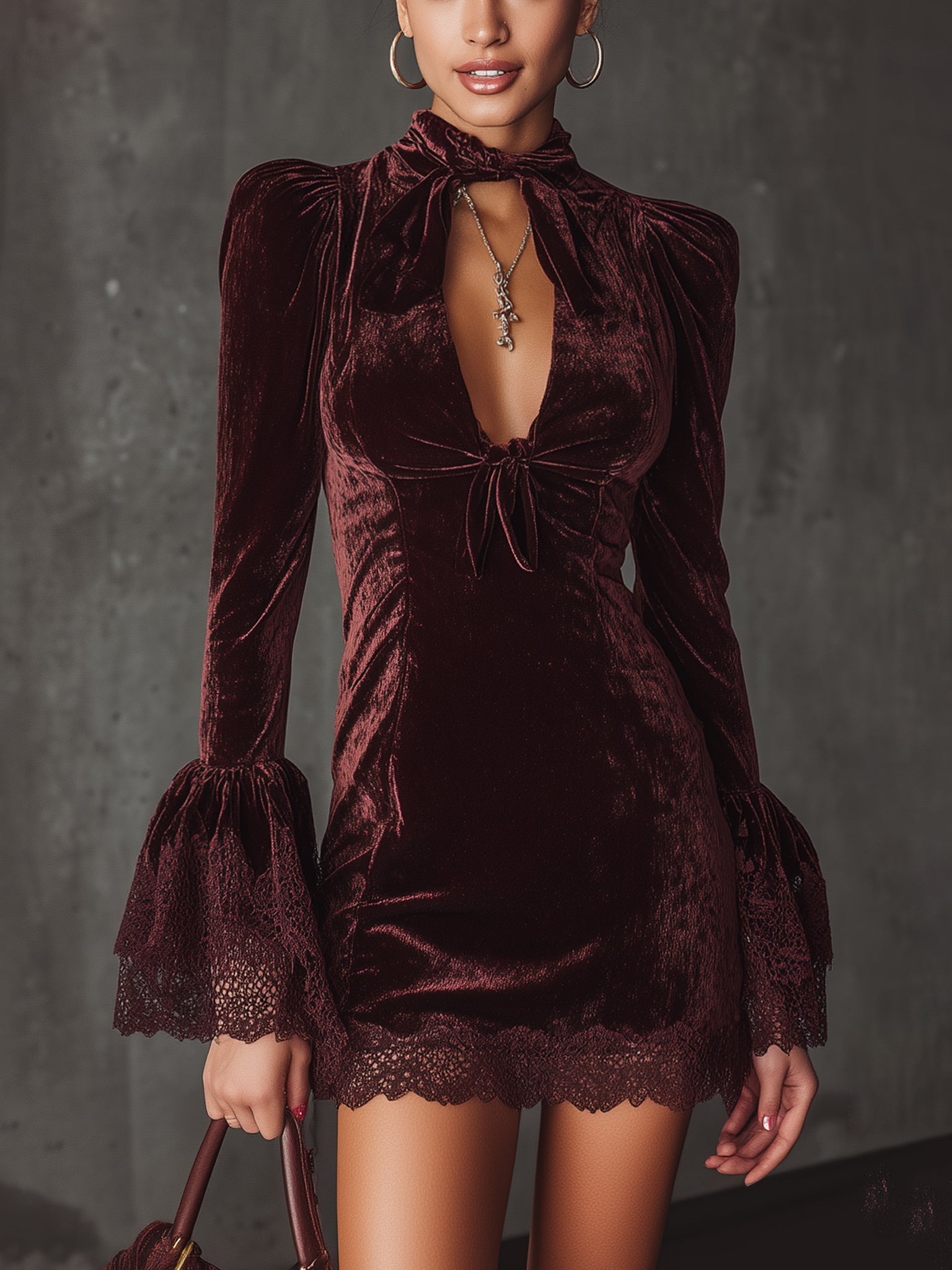 Burgundy Velvet Lace Trimmed Long Sleeve Mini Dress