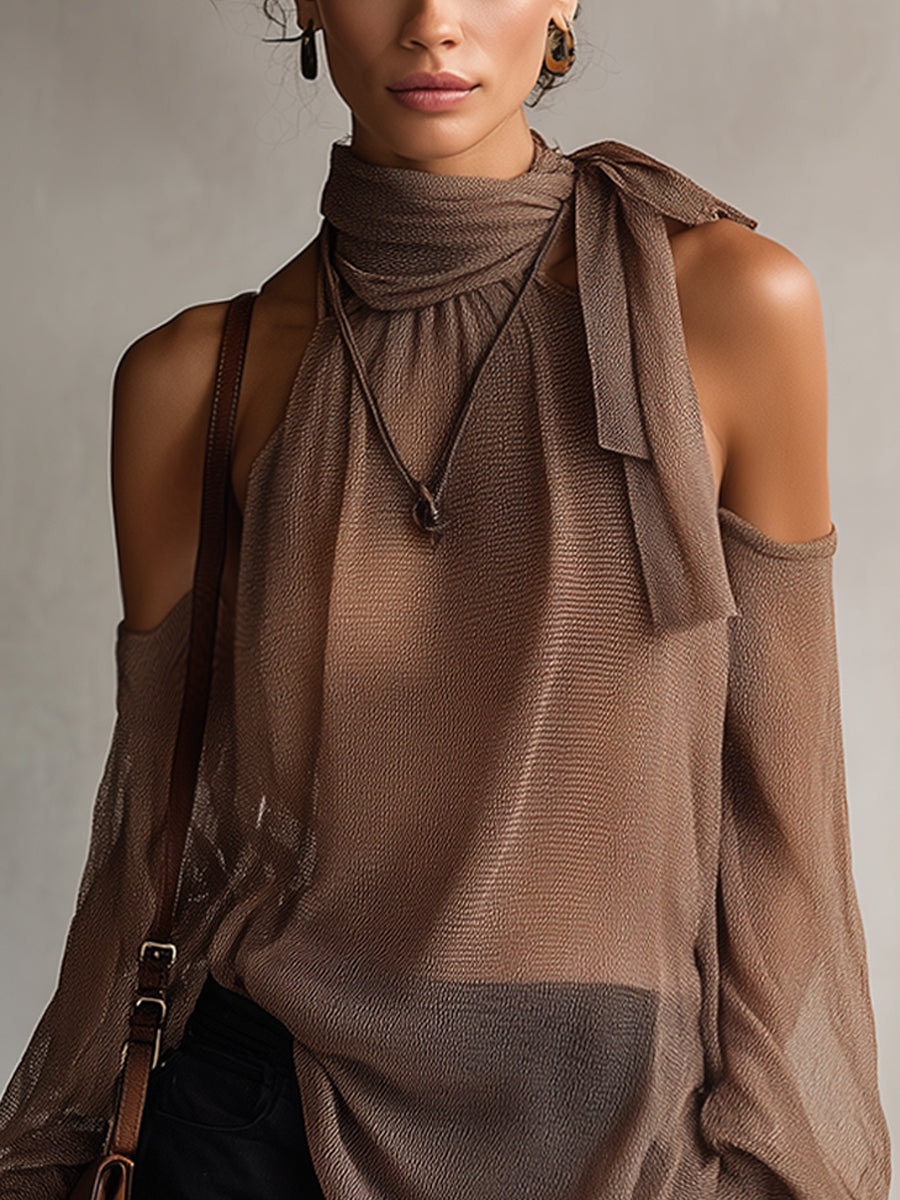 Nude Thin Knit Off Shoulder Loose Knit Blouse