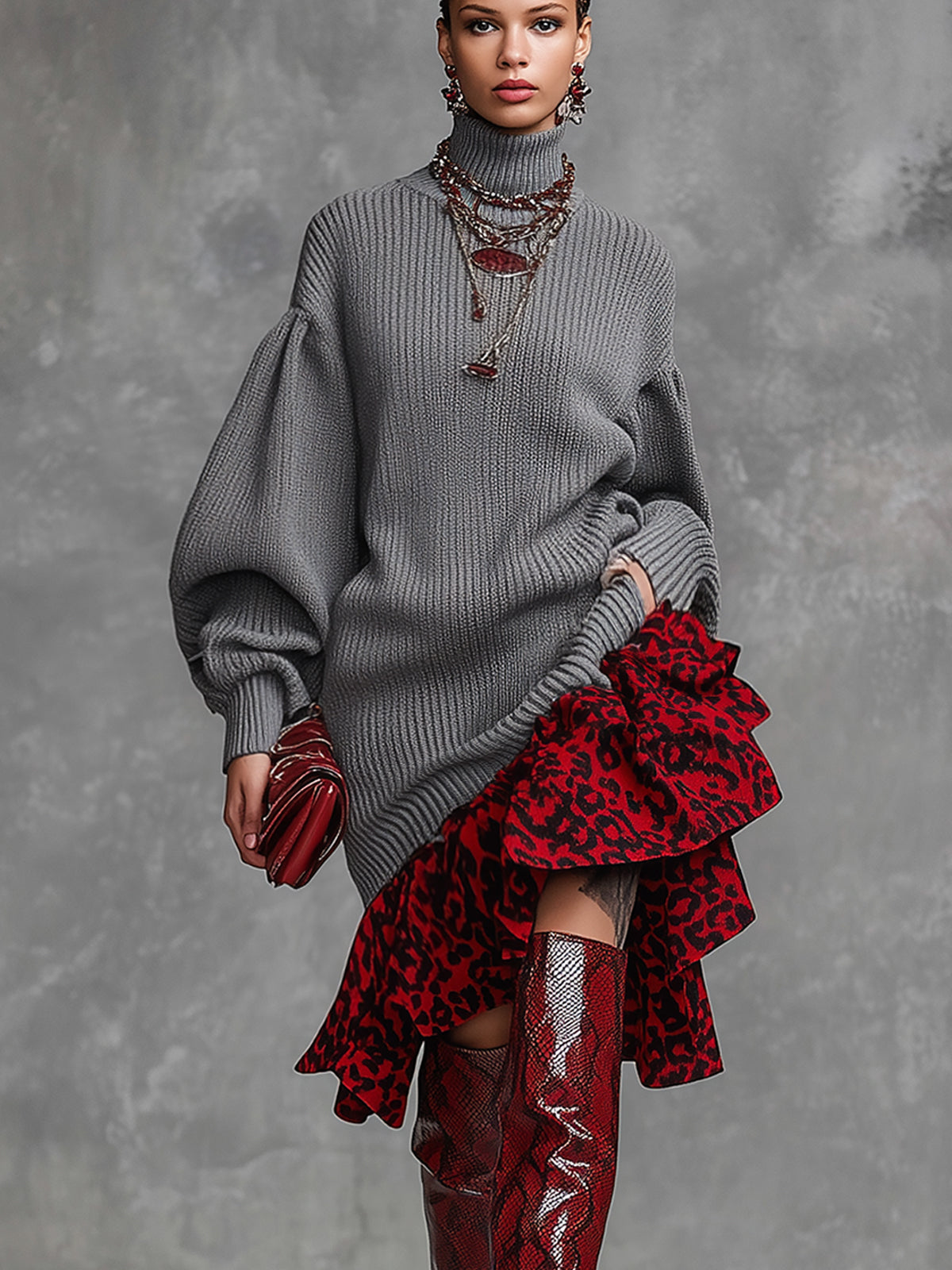 Gray Knit Turtleneck  Midi Dress With Red Leopard Print Ruffled Hem
