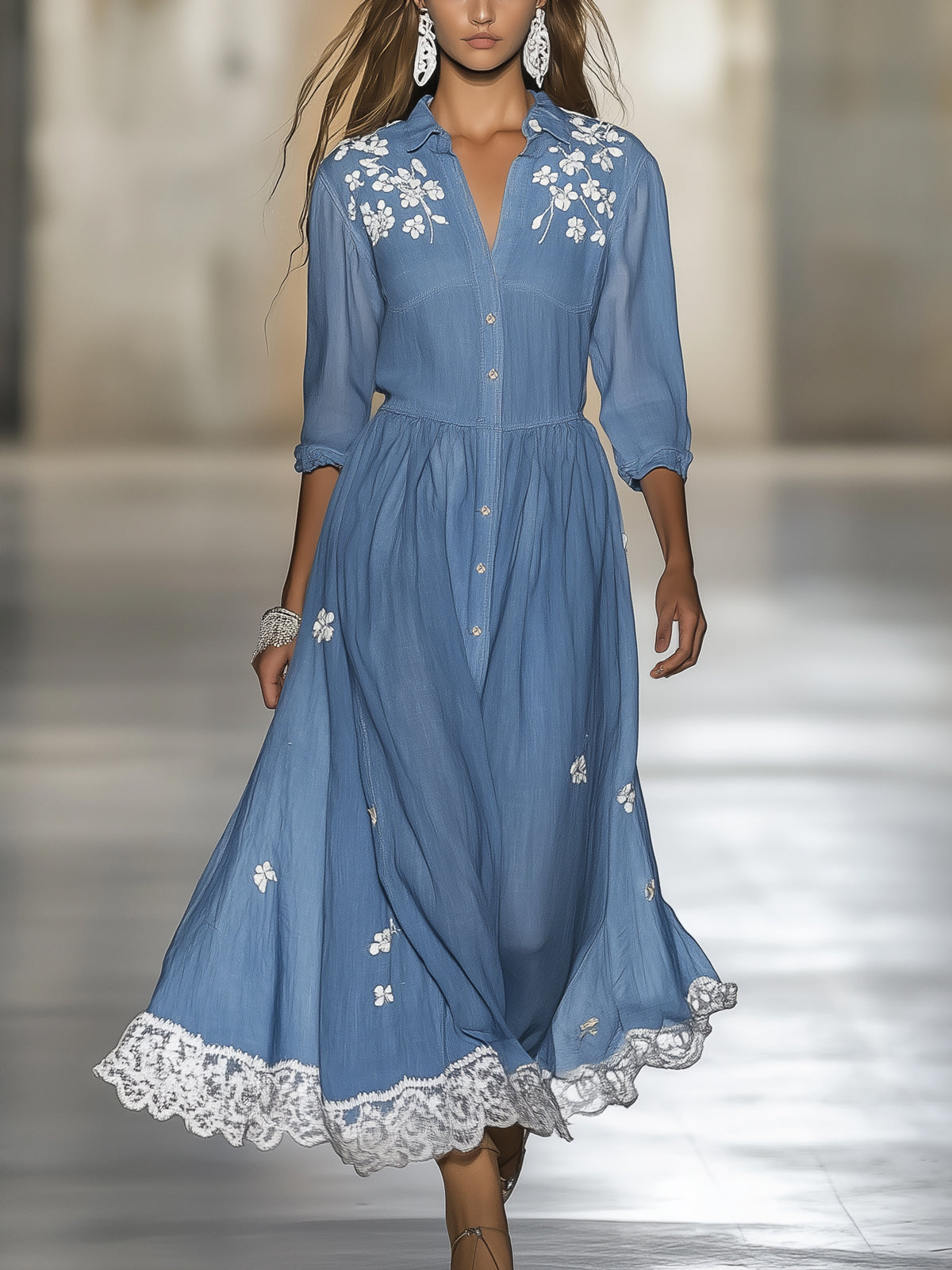 Blue Cotton Floral Embroidered Scalloped Collar 3/4 Sleeve Midi Dress