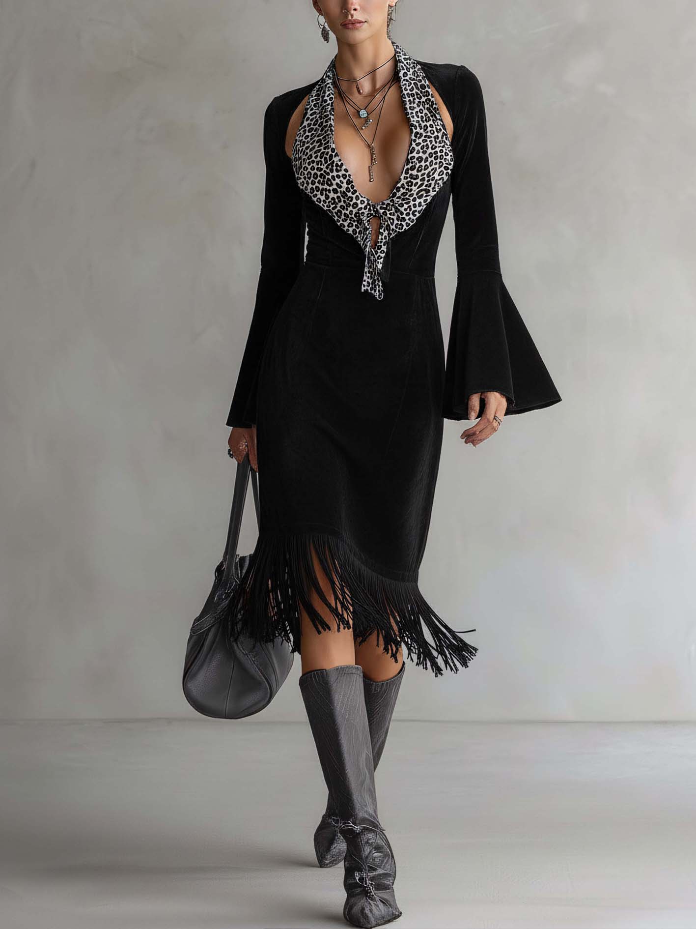 Black Velvet Leopard Patchwork Fringe Bodycon Dress