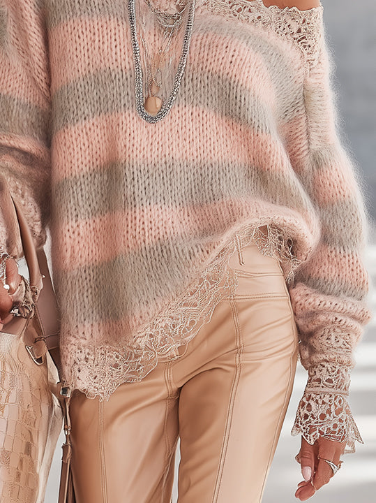 Pink And Taupe Striped Mohair Sweater With Lace Trim