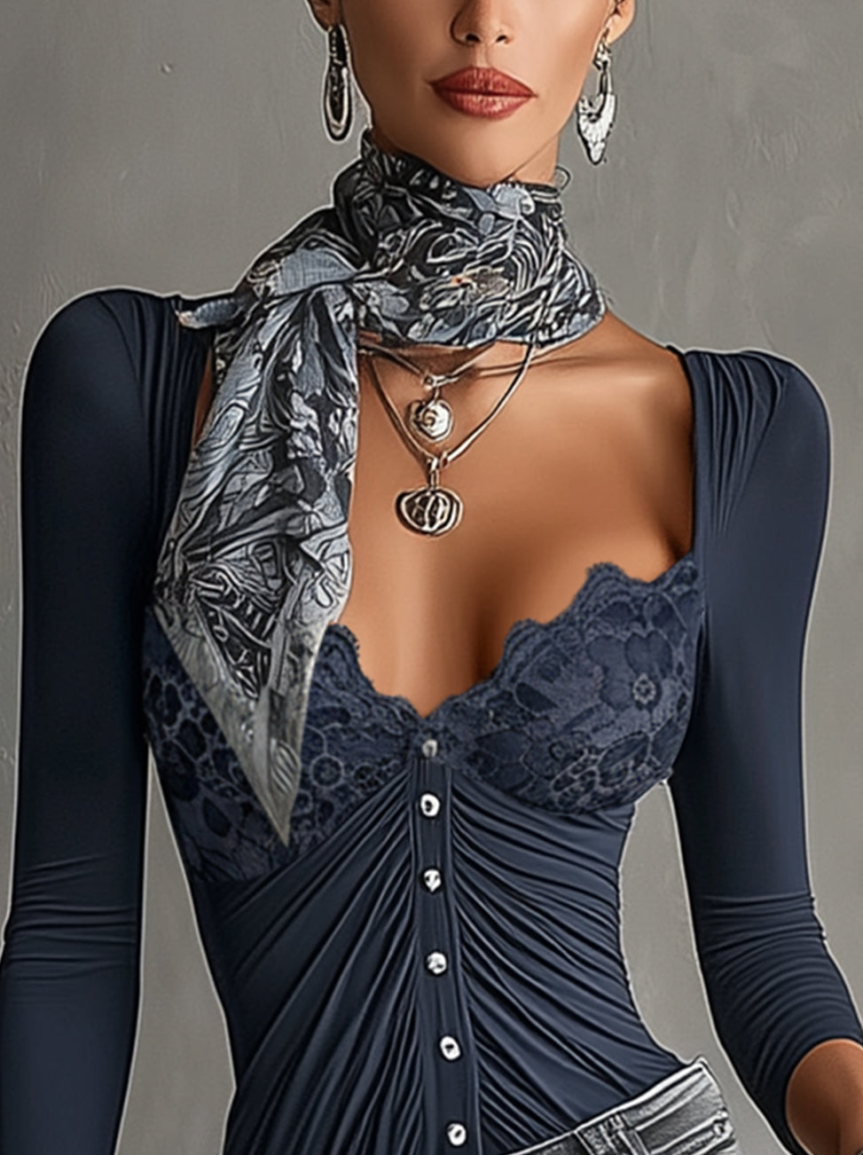 Navy Lace-Trim Ruched Button-Front Long Sleeve Shirt