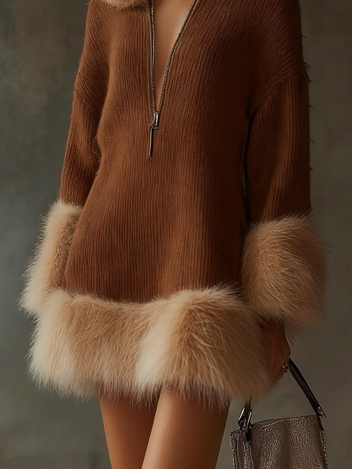 Brown Ribbed Knit Dress With Faux Fur Trim And Front Zip