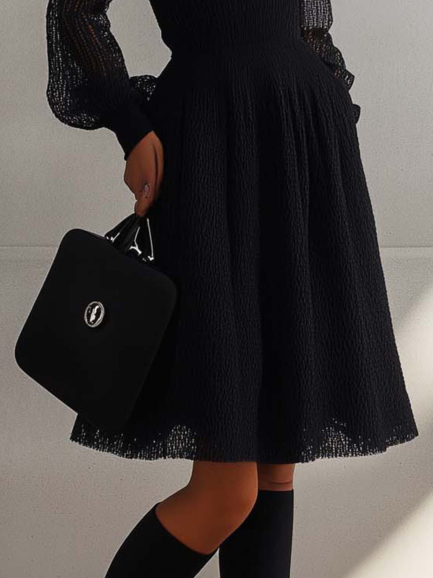 High Collar Black Lace Midi Dress With Silver Buttons