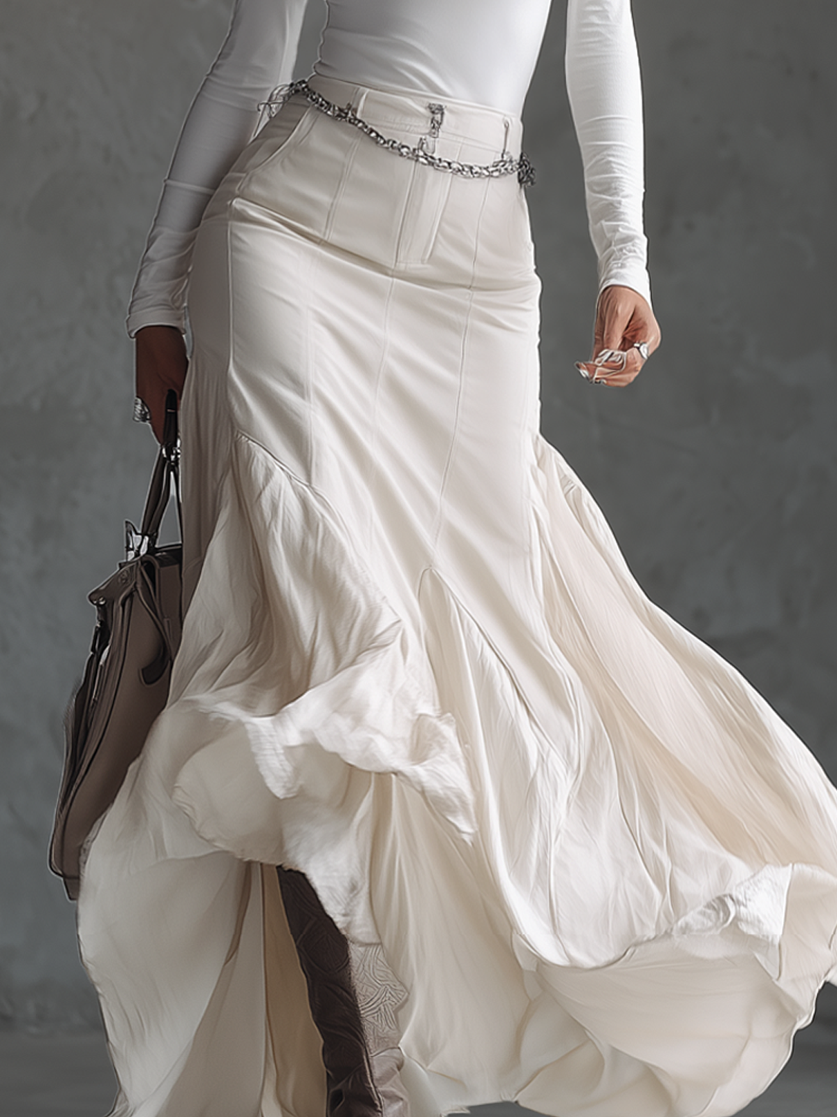 White Stretch Fabric Studded Collar Blended Fabric Skirt Suit