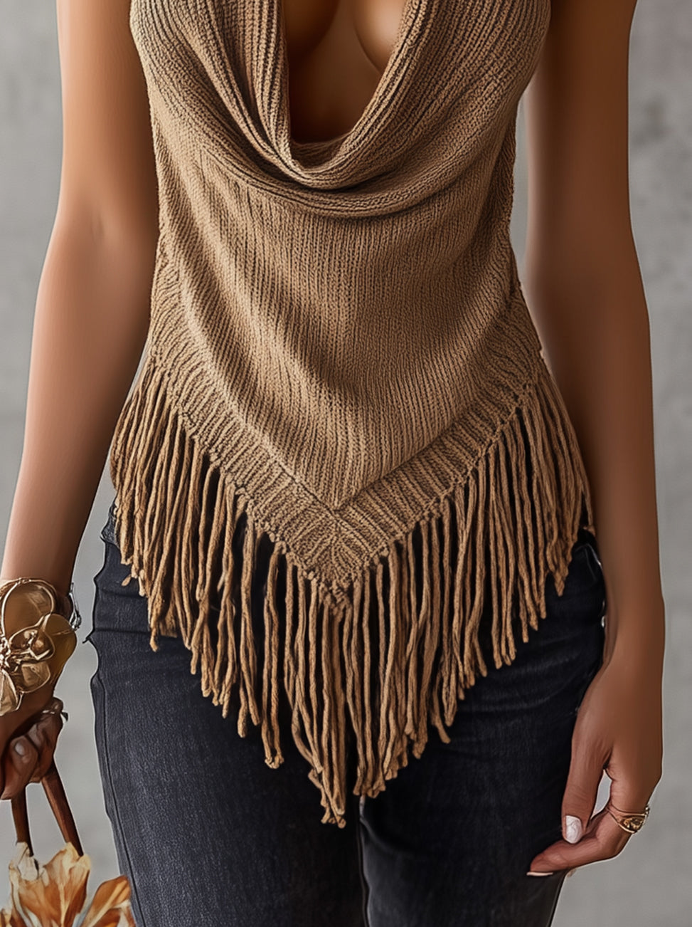 Camel Knit Halter Top With Draped Neckline And Fringe Hem