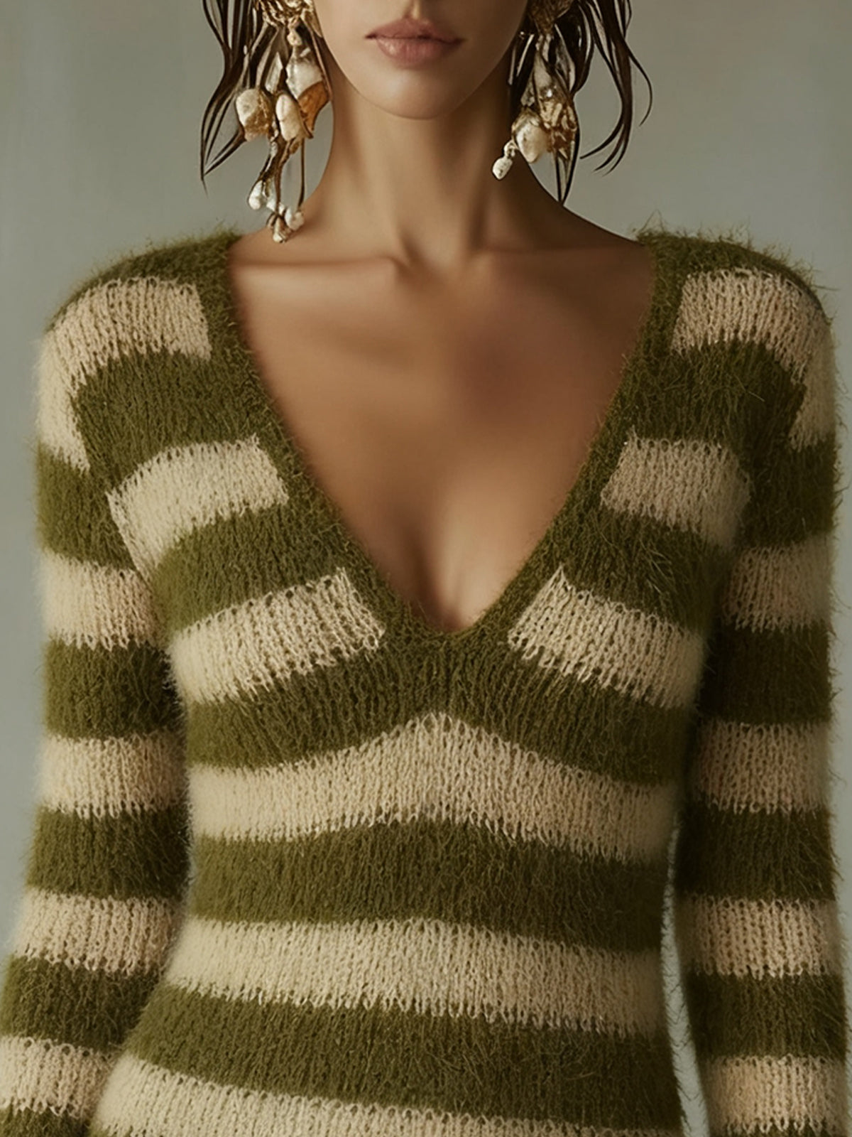 Green And Beige Striped Knit Dress With Lace Hem