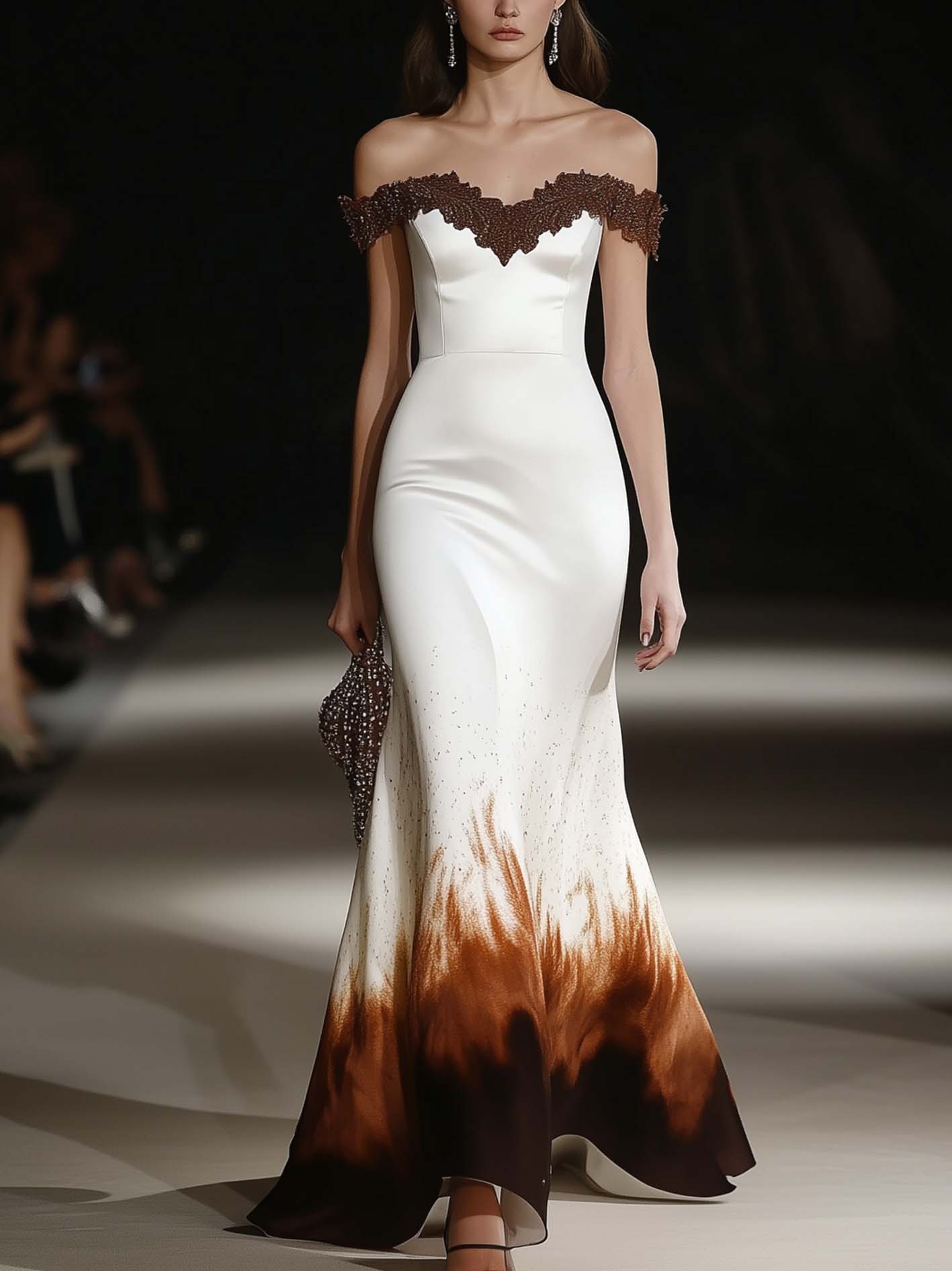 Off Shoulder White Satin Maxi Dress With Gradient And Lace Neckline