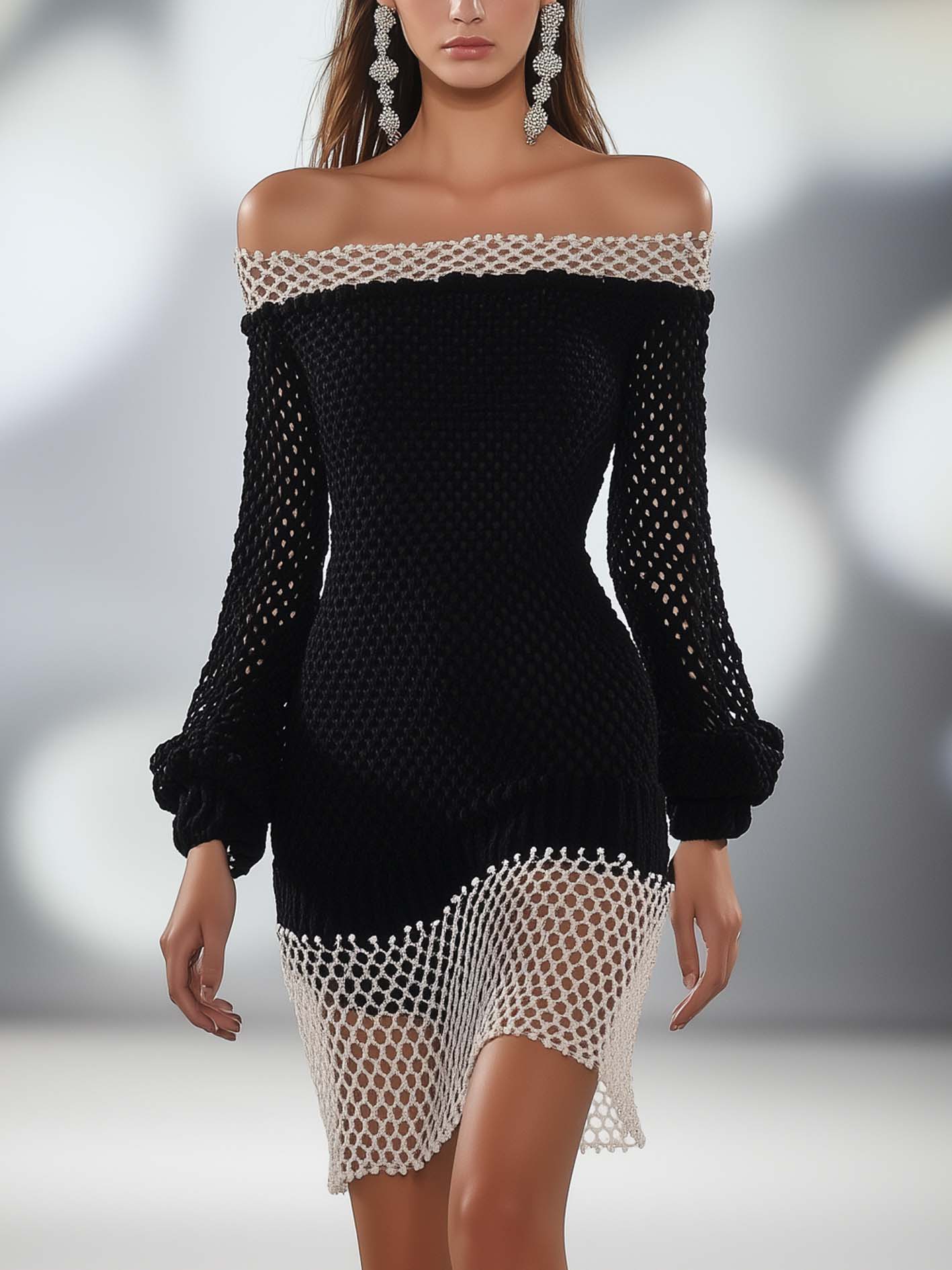 Off Shoulder Stitching White And Black Hollow Knitted Mini Dress