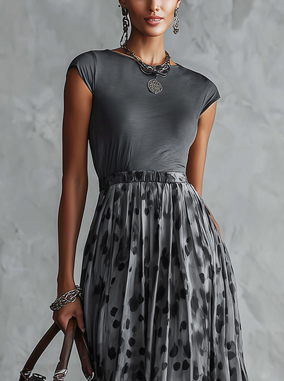 Gray Cap Sleeve Polka Dot Chiffon Maxi Dress