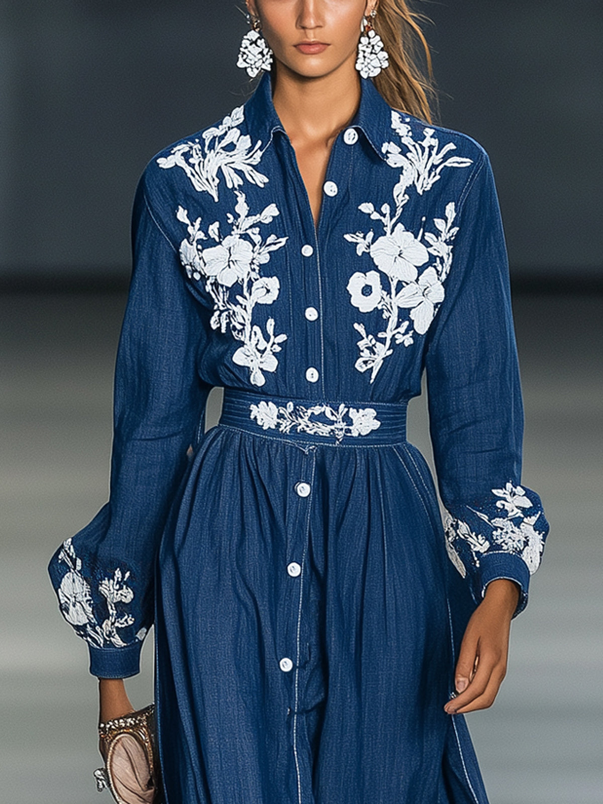 Navy Denim Embroidered Waist Detail Collared Long Sleeve Maxi Dress