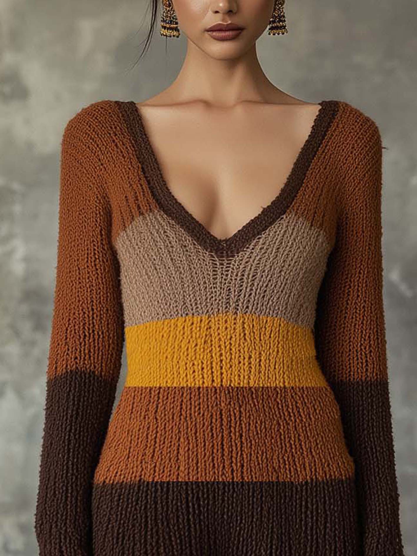 Brown Knitted Mini Dress With Mixed Color Lines And Tassels