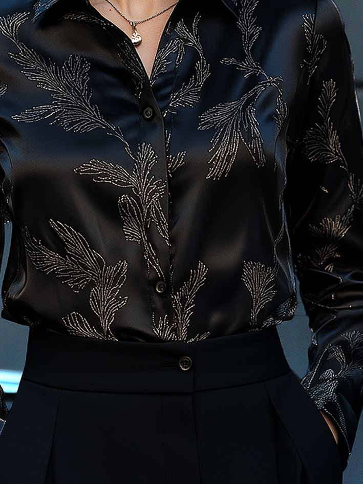 Black Gold Floral-Print Satin Blouse