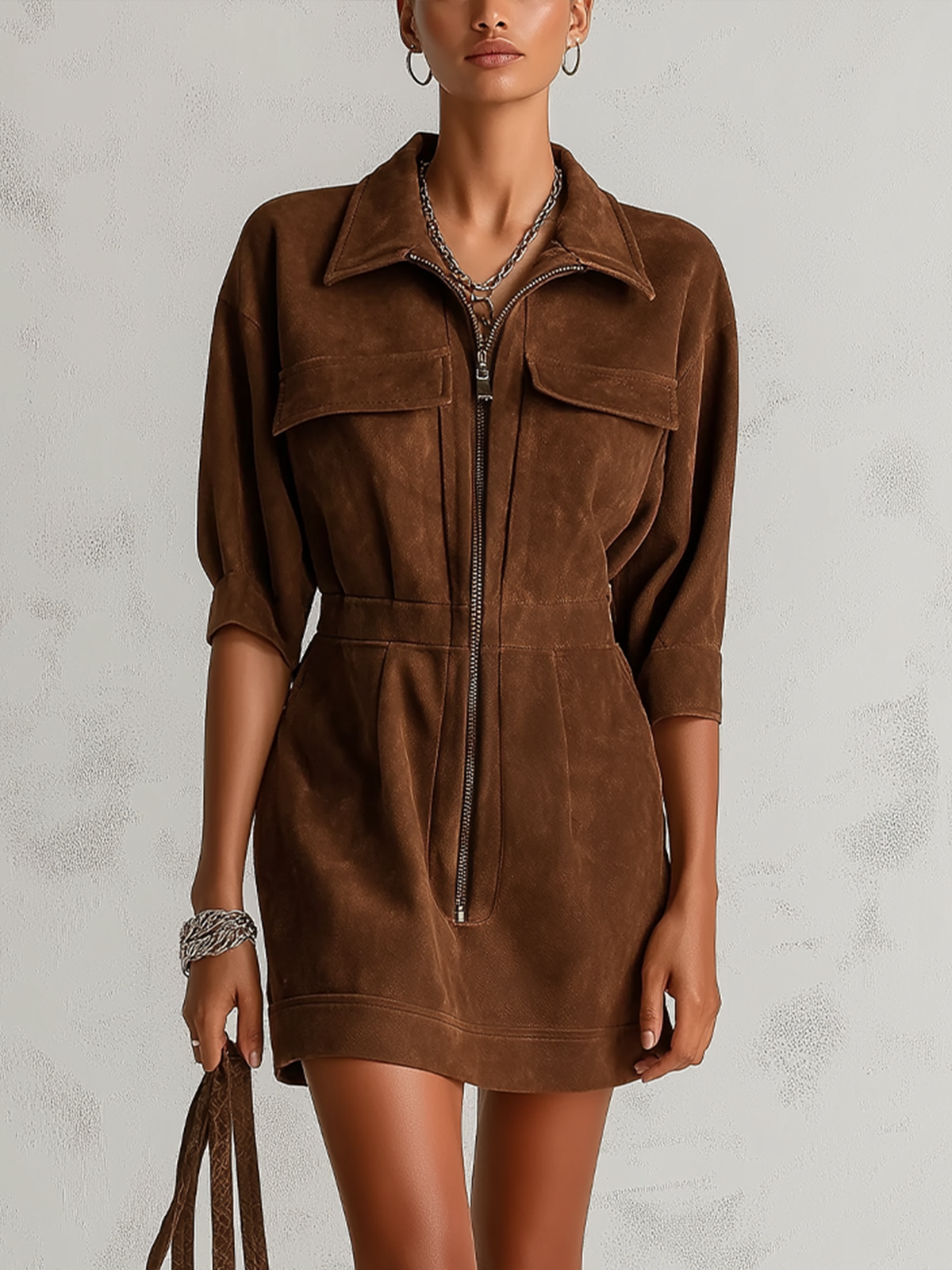 Brown Suede Collar Zip Front Cuffed Sleeve Mini Dress